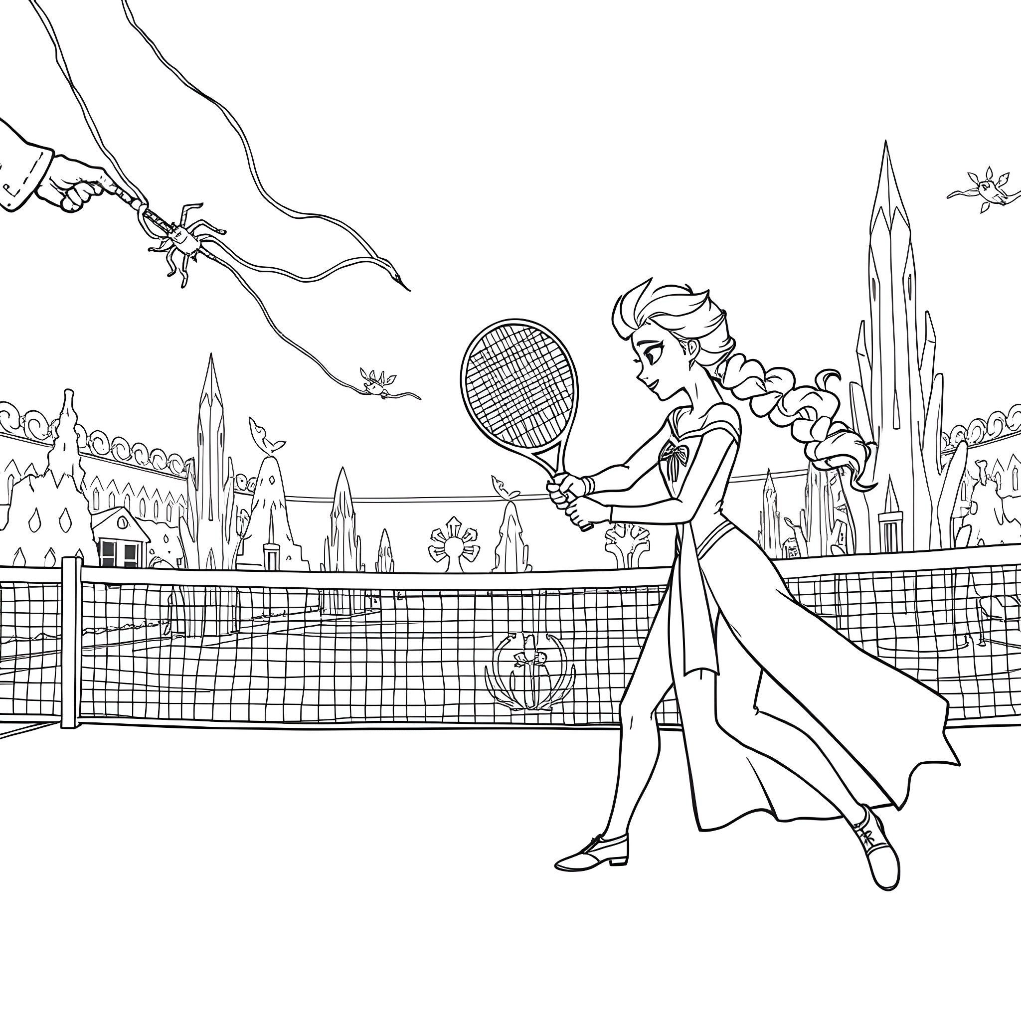 Spiderman playing tennis in the city Coloring Page (free black-and-white line drawing printable PDF for all, from beginners to advanced learners, including children, teens, adults, and seniors)