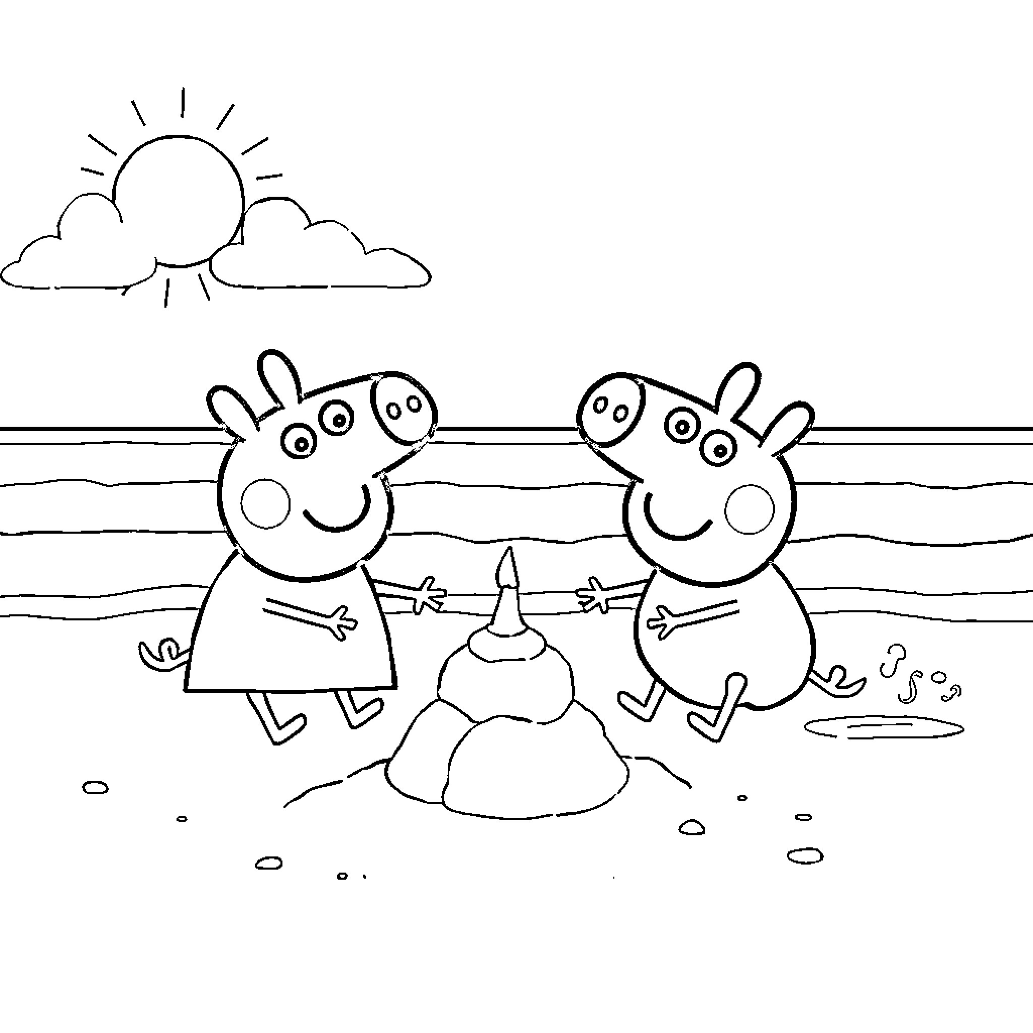 Peppa Pig and friends playing on the beach Coloring Page (free black-and-white line drawing printable PDF for all, from beginners to advanced learners, including children, teens, adults, and seniors)