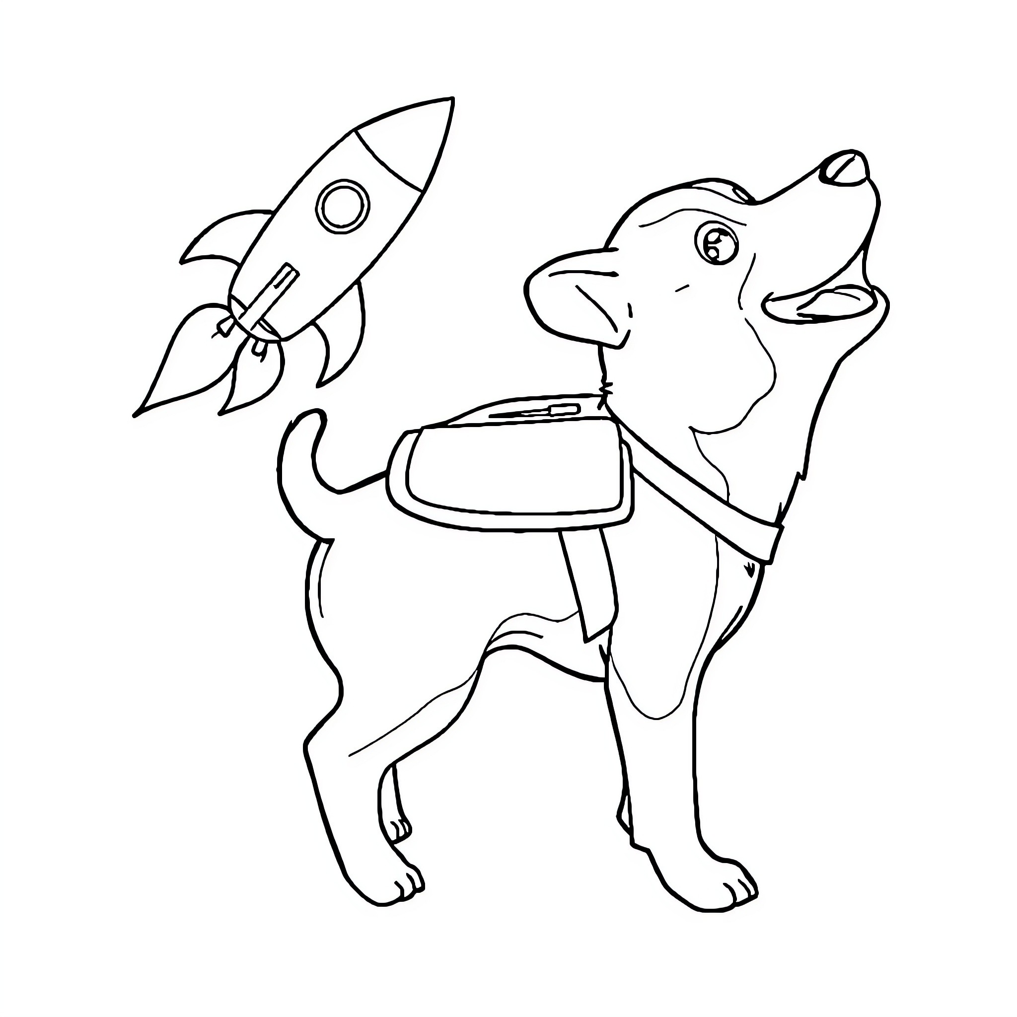 Dog exploring with toy rocket Coloring Page (free black-and-white line drawing printable PDF for all, from beginners to advanced learners, including children, teens, adults, and seniors)