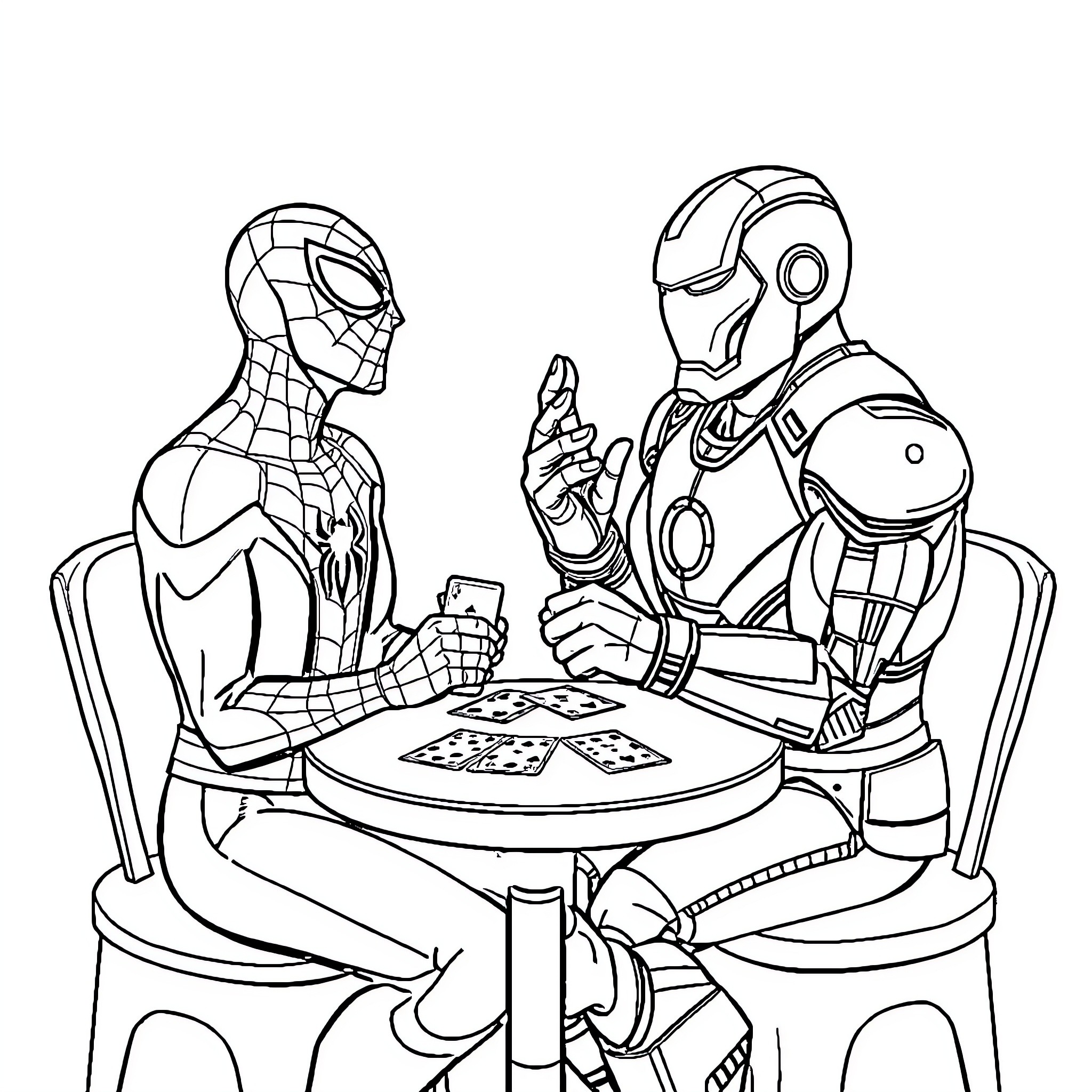 Spiderman and Iron Man playing cards together Coloring Page (free black-and-white line drawing printable PDF for all, from beginners to advanced learners, including children, teens, adults, and seniors)