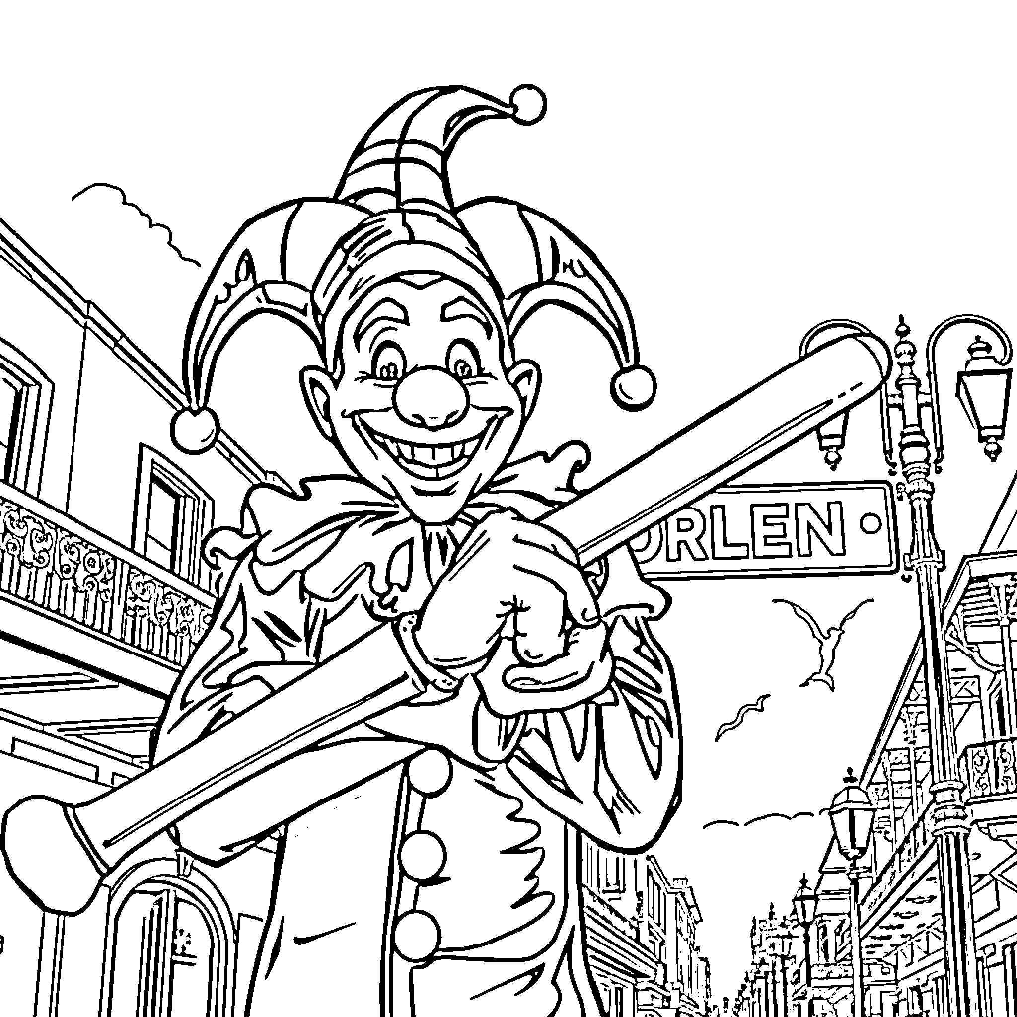 Jester performing tricks in a whimsical city street Coloring Page (free black-and-white line drawing printable PDF for all, from beginners to advanced learners, including children, teens, adults, and seniors)