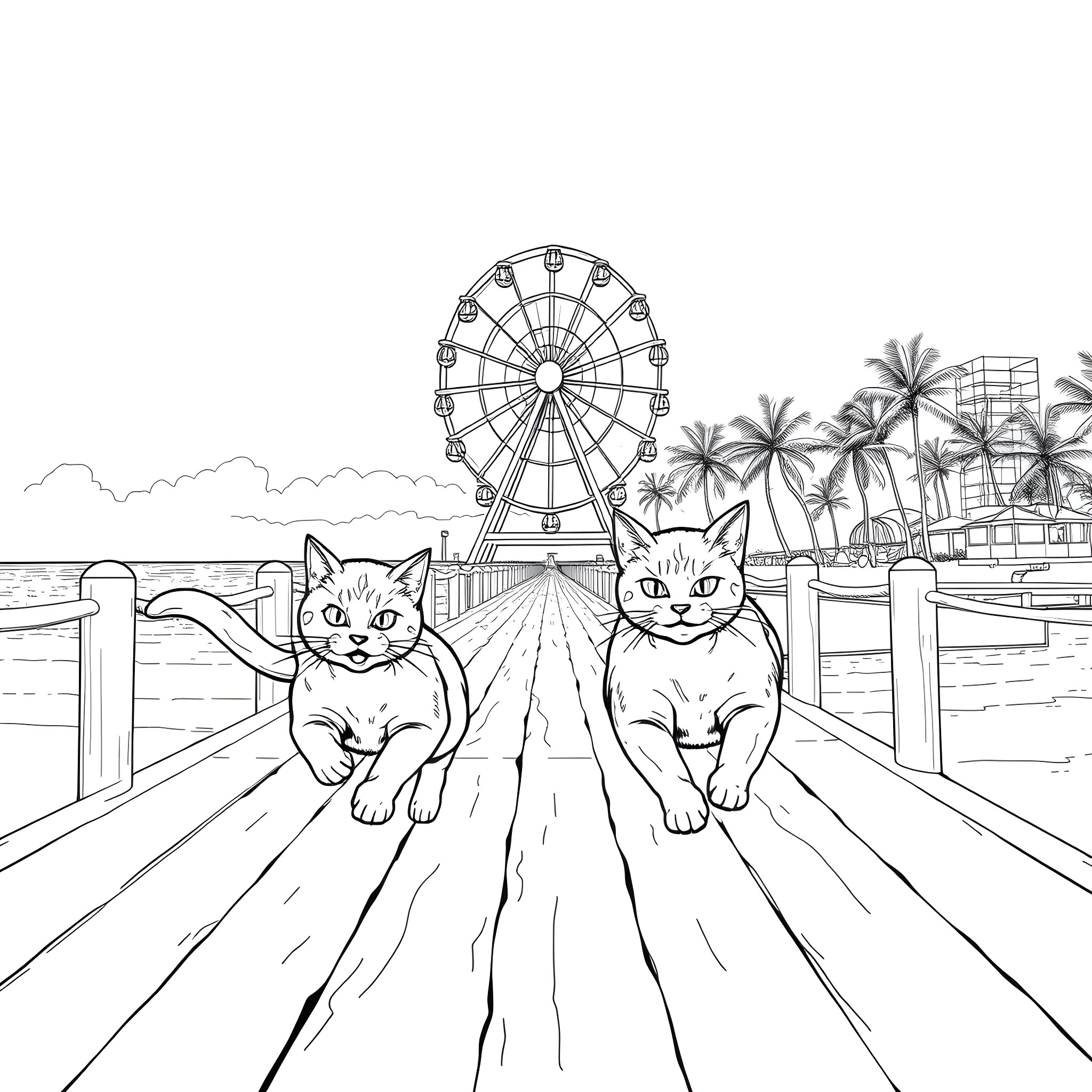 Cats exploring the boardwalk at the beach Coloring Page (free black-and-white line drawing printable PDF for all, from beginners to advanced learners, including children, teens, adults, and seniors)