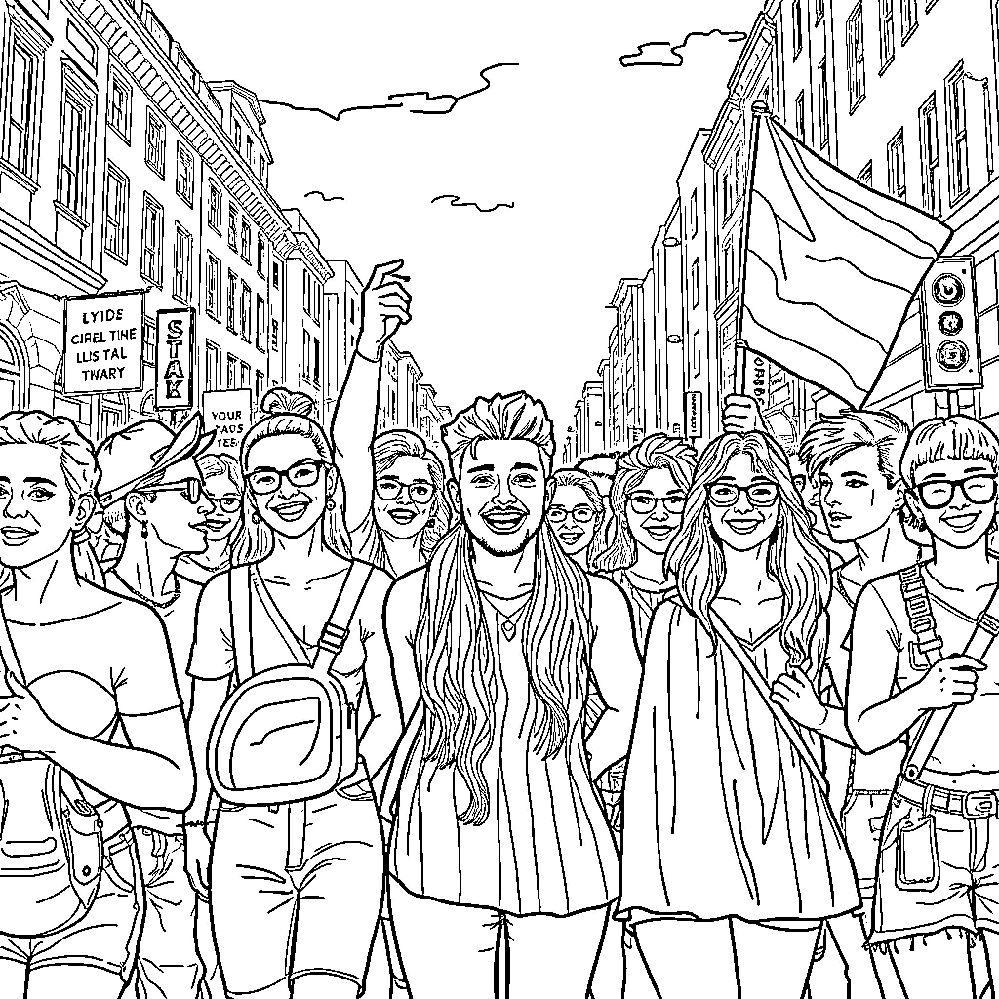 LGBTQ People Celebrating at a Colorful Pride Parade Coloring Page (free black-and-white line drawing printable PDF for all, from beginners to advanced learners, including children, teens, adults, and seniors)