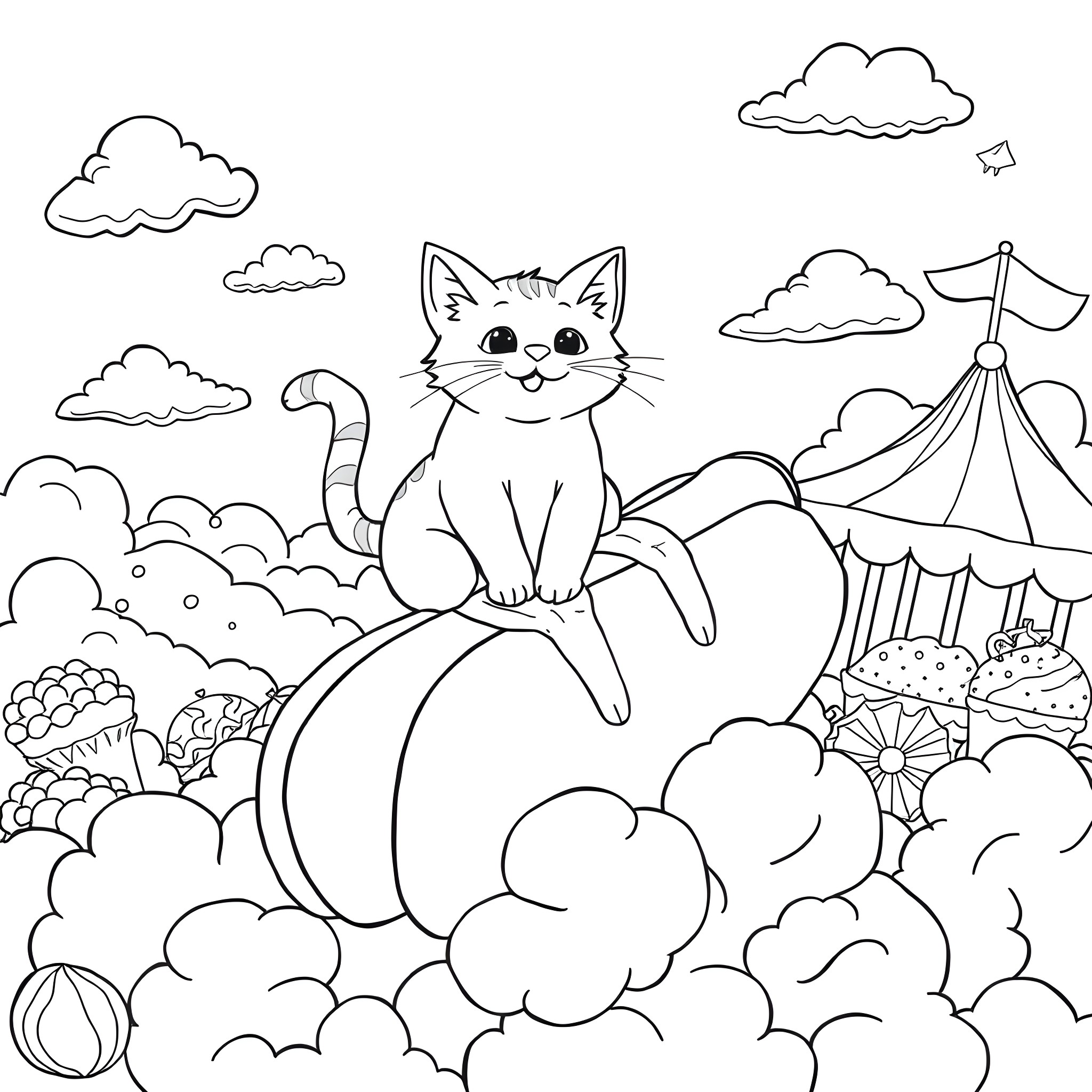 Cat playing happily in a fantasy landscape Coloring Page (free black-and-white line drawing printable PDF for all, from beginners to advanced learners, including children, teens, adults, and seniors)