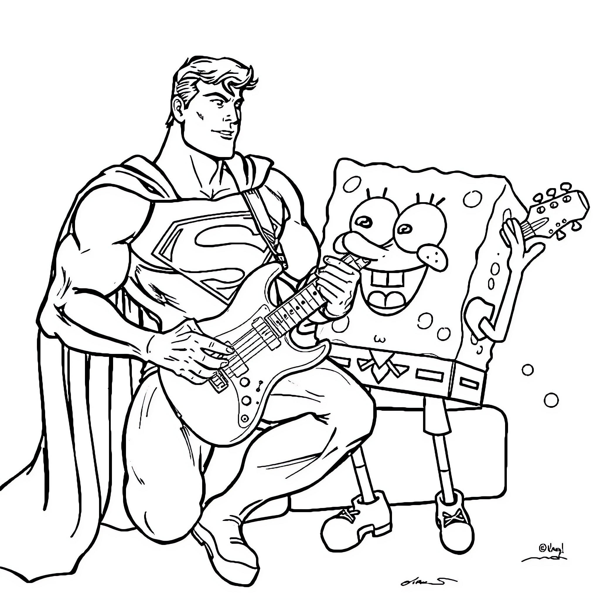 Superman Jamming with Cartoon Character Coloring Page (free black-and-white line drawing printable PDF for all, from beginners to advanced learners, including children, teens, adults, and seniors)