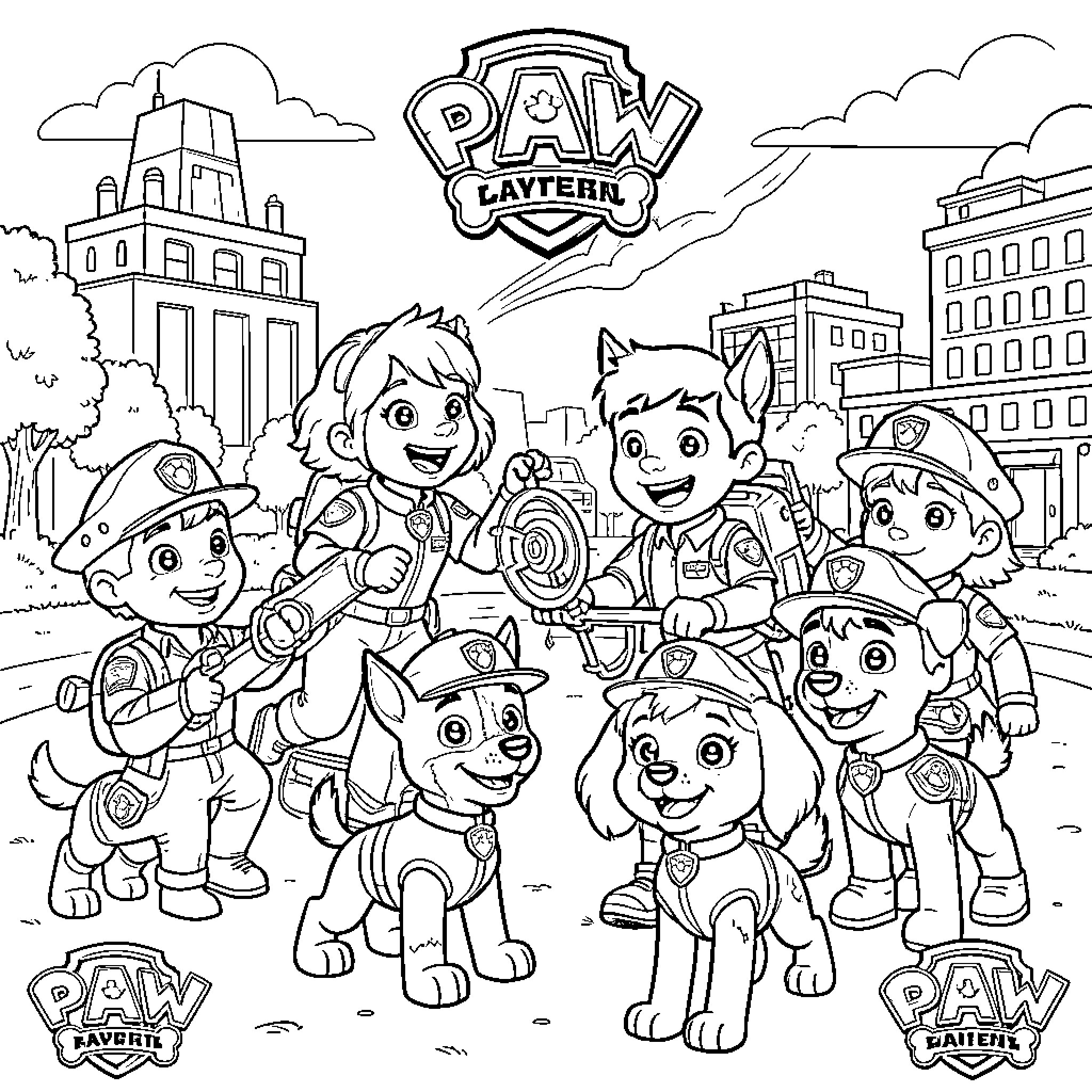 Paw Patrol characters smiling together in a city scene Coloring Page (free black-and-white line drawing printable PDF for all, from beginners to advanced learners, including children, teens, adults, and seniors)