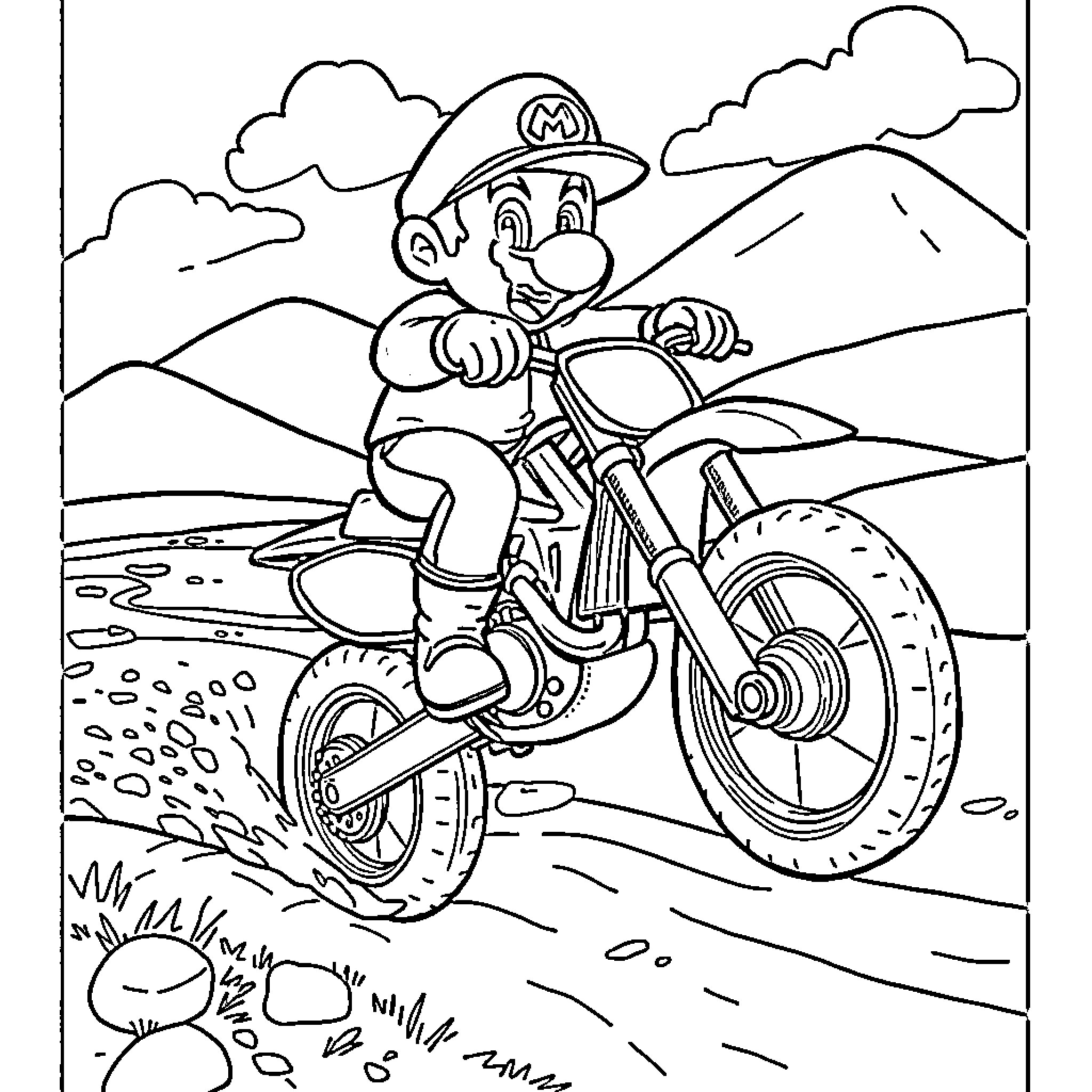 Super Mario Riding Dirt Bike on Mountainous Landscape Coloring Page (free black-and-white line drawing printable PDF for all, from beginners to advanced learners, including children, teens, adults, and seniors)