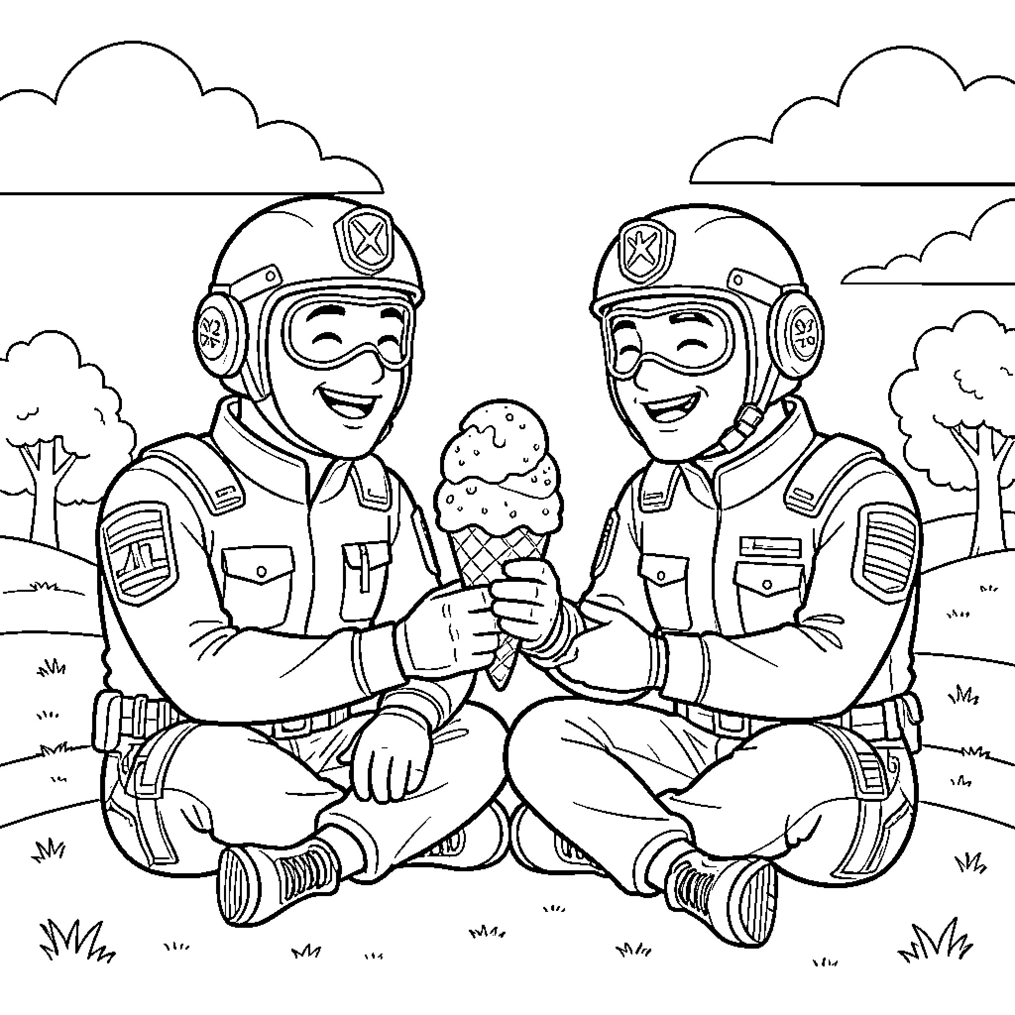 Ice Agent characters laughing while sharing an ice cream cone Coloring Page (free black-and-white line drawing printable PDF for all, from beginners to advanced learners, including children, teens, adults, and seniors)