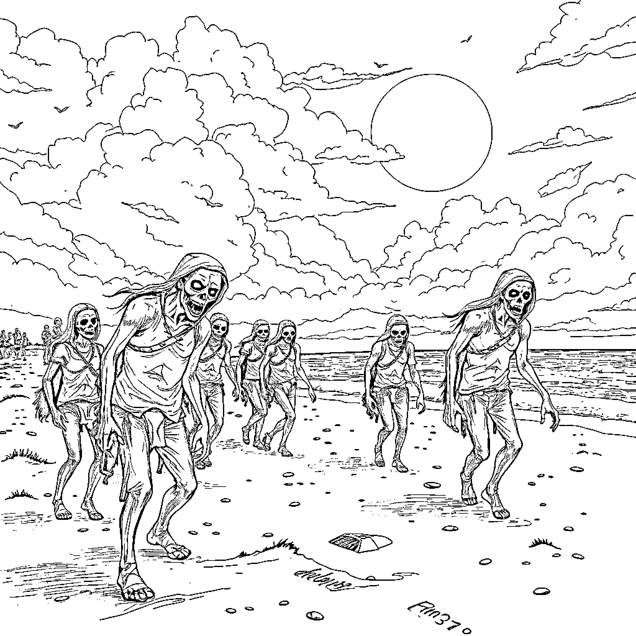 Zombie horde marching towards the shore Coloring Page (free black-and-white line drawing printable PDF for all, from beginners to advanced learners, including children, teens, adults, and seniors)