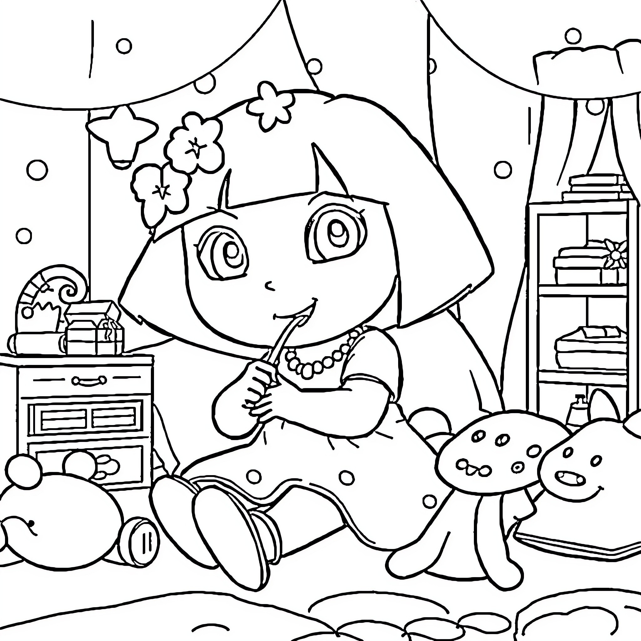 Dora exploring her colorful and imaginative world Coloring Page (free black-and-white line drawing printable PDF for all, from beginners to advanced learners, including children, teens, adults, and seniors)