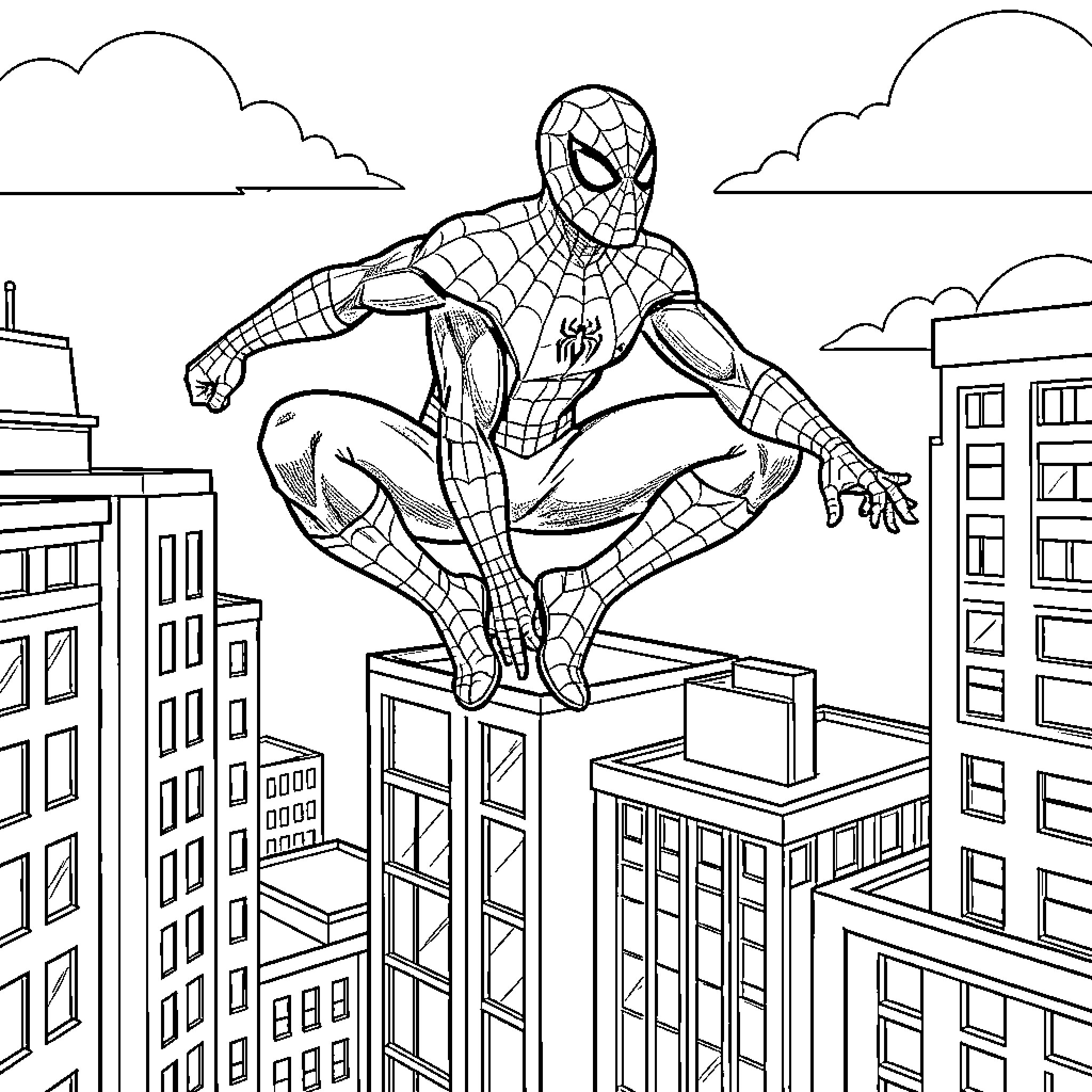 Spiderman swinging over the city skyline Coloring Page (free black-and-white line drawing printable PDF for all, from beginners to advanced learners, including children, teens, adults, and seniors)