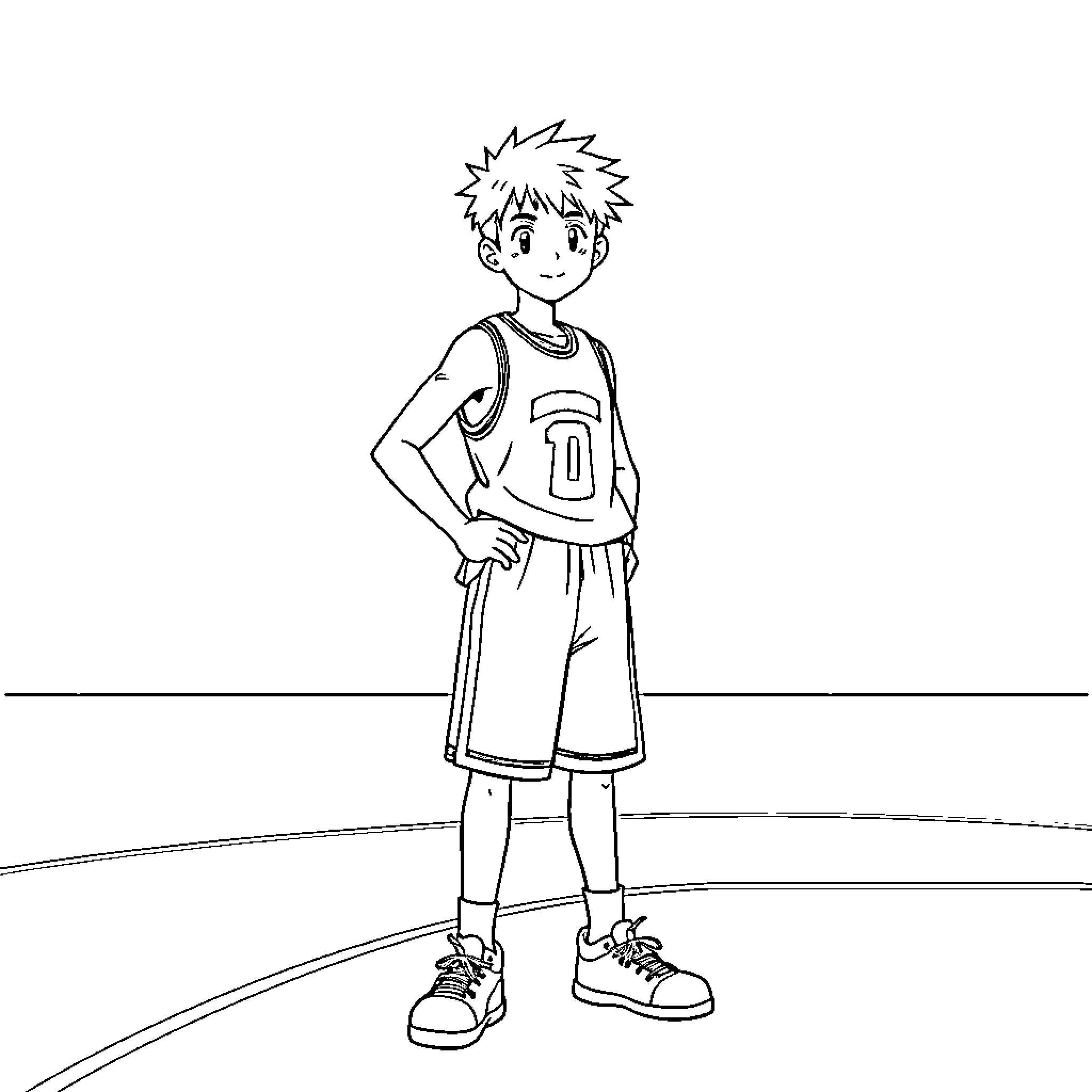 Hanamichi Sakuragi in his casual sports outfit Coloring Page (free black-and-white line drawing printable PDF for all, from beginners to advanced learners, including children, teens, adults, and seniors)