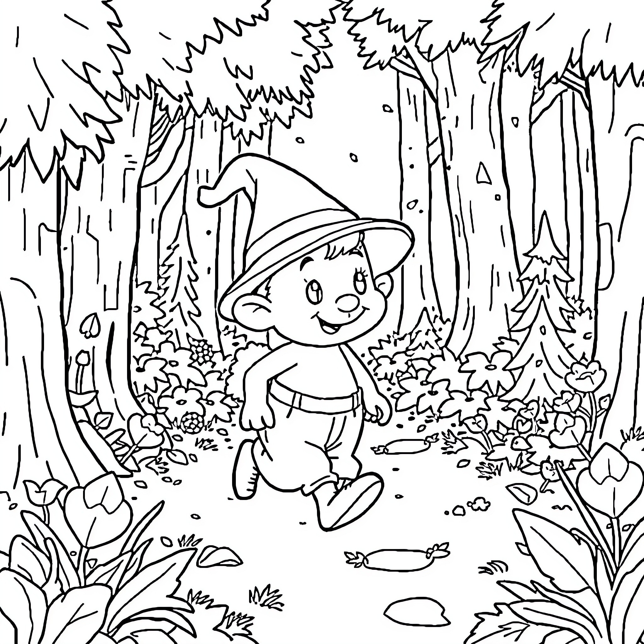 Smurf exploring the enchanted forest Coloring Page (free black-and-white line drawing printable PDF for all, from beginners to advanced learners, including children, teens, adults, and seniors)