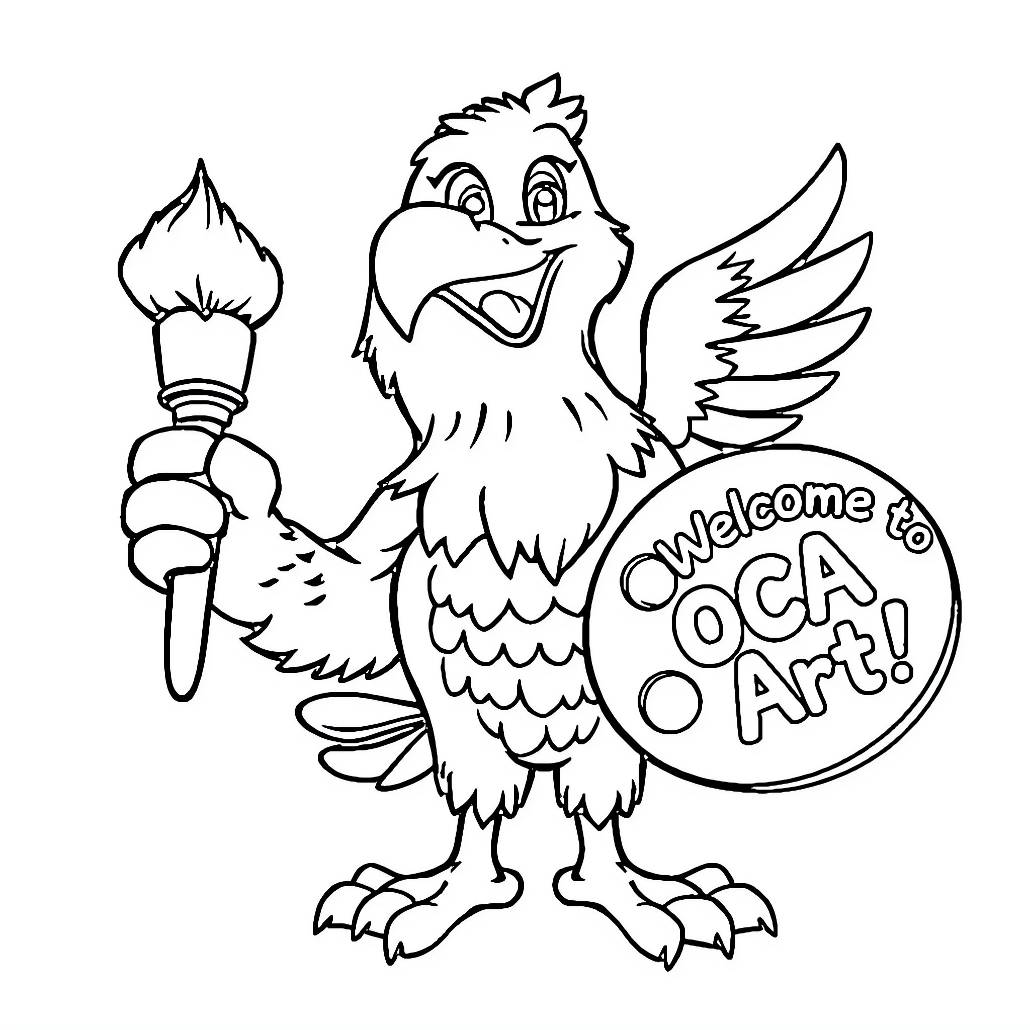 Eagle proudly welcoming to OCA Art Coloring Page (free black-and-white line drawing printable PDF for all, from beginners to advanced learners, including children, teens, adults, and seniors)
