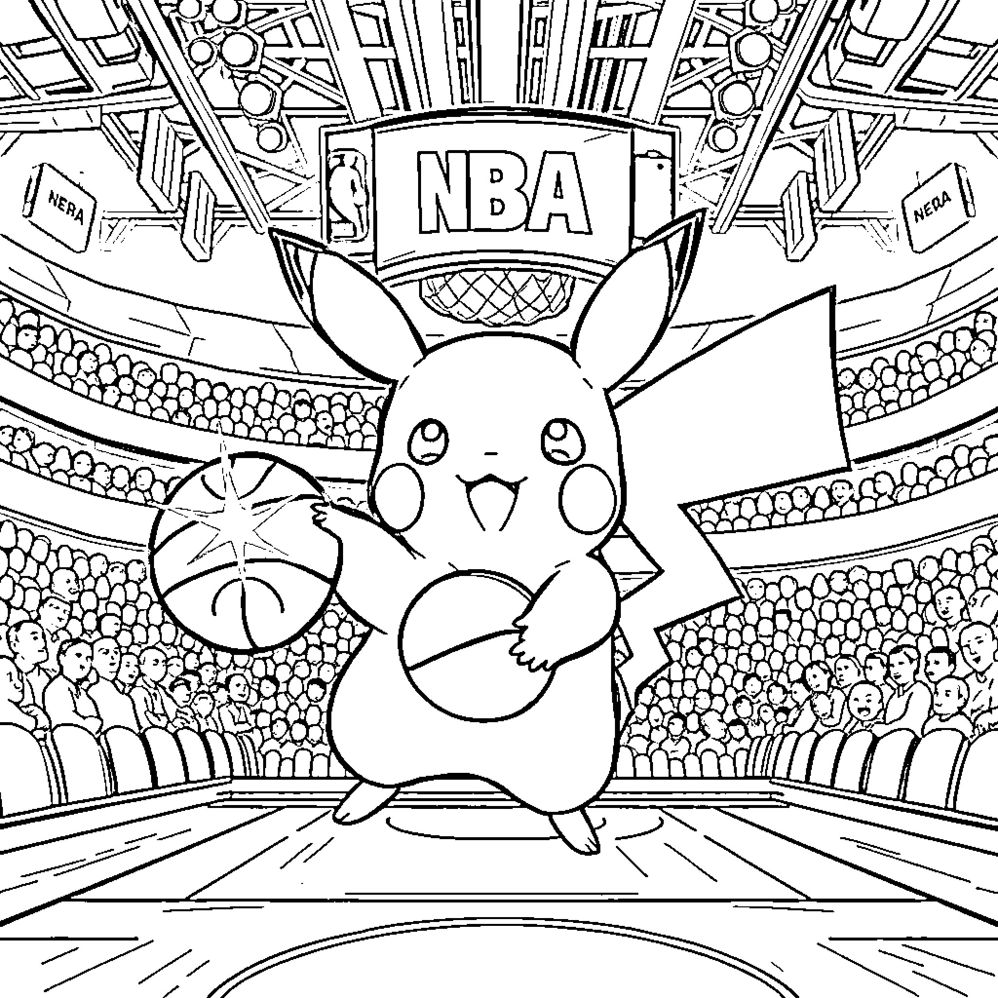 Pikachu playing basketball in the NBA arena Coloring Page (free black-and-white line drawing printable PDF for all, from beginners to advanced learners, including children, teens, adults, and seniors)