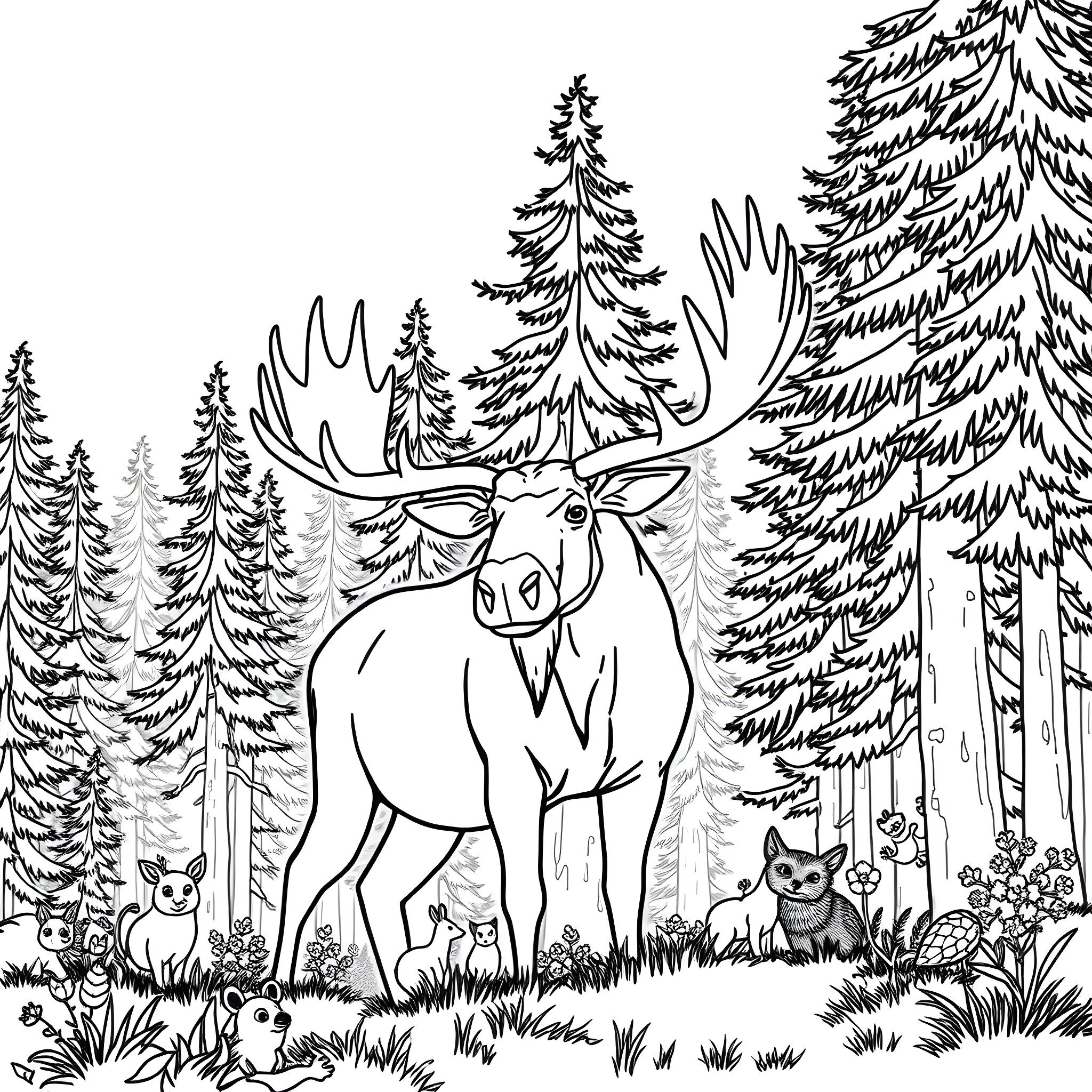 Moose standing tall in the forest Coloring Page (free black-and-white line drawing printable PDF for all, from beginners to advanced learners, including children, teens, adults, and seniors)