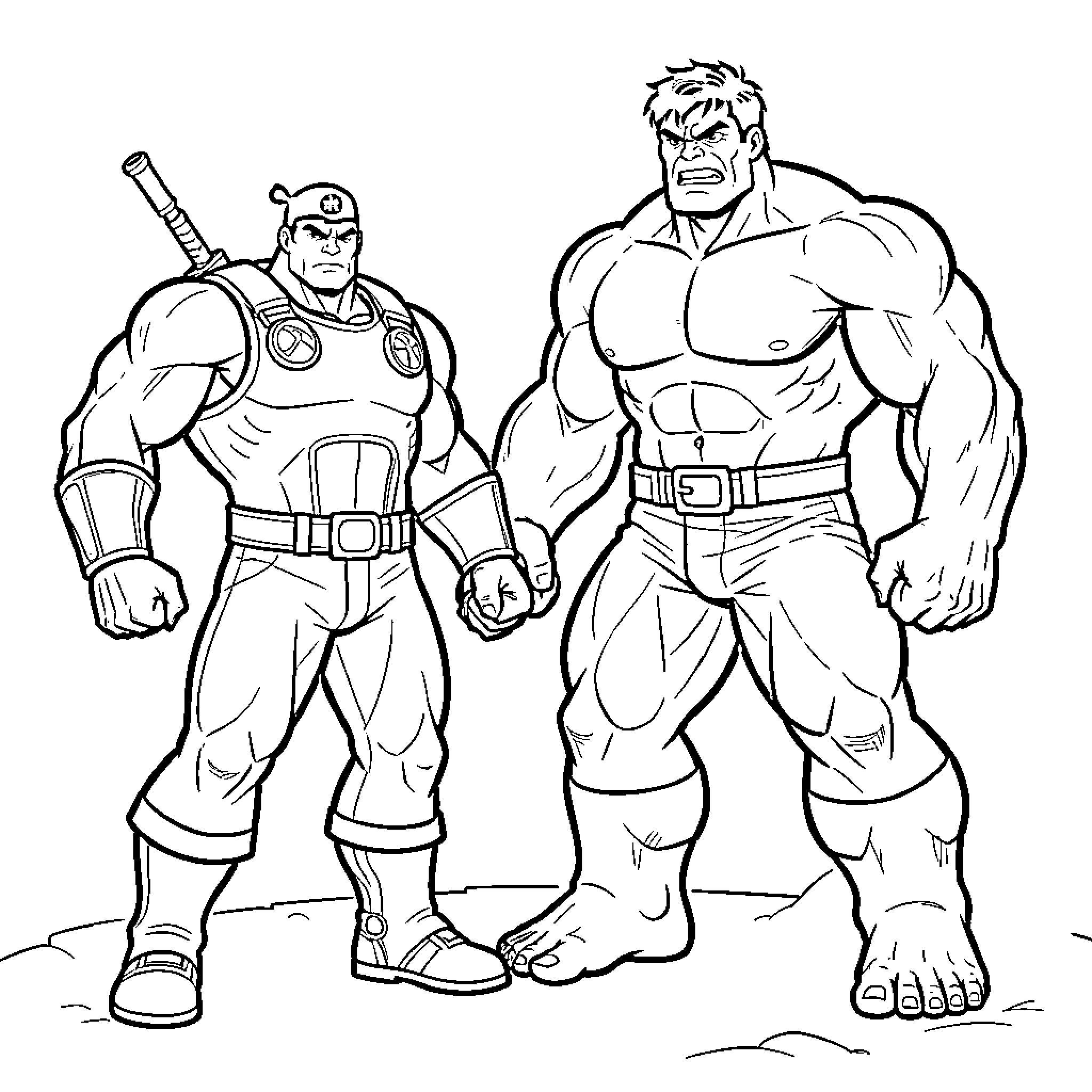 Spydi featuring two muscular superheroes standing heroically Coloring Page (free black-and-white line drawing printable PDF for all, from beginners to advanced learners, including children, teens, adults, and seniors)