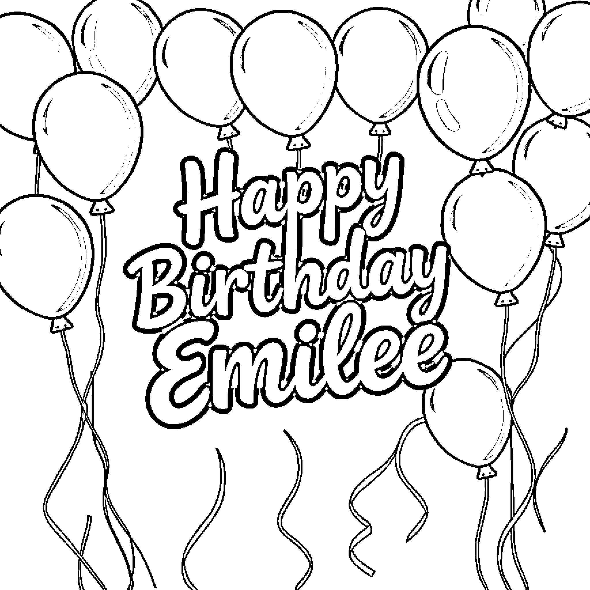 Birthday celebration with balloons for Emilee Coloring Page (free black-and-white line drawing printable PDF for all, from beginners to advanced learners, including children, teens, adults, and seniors)