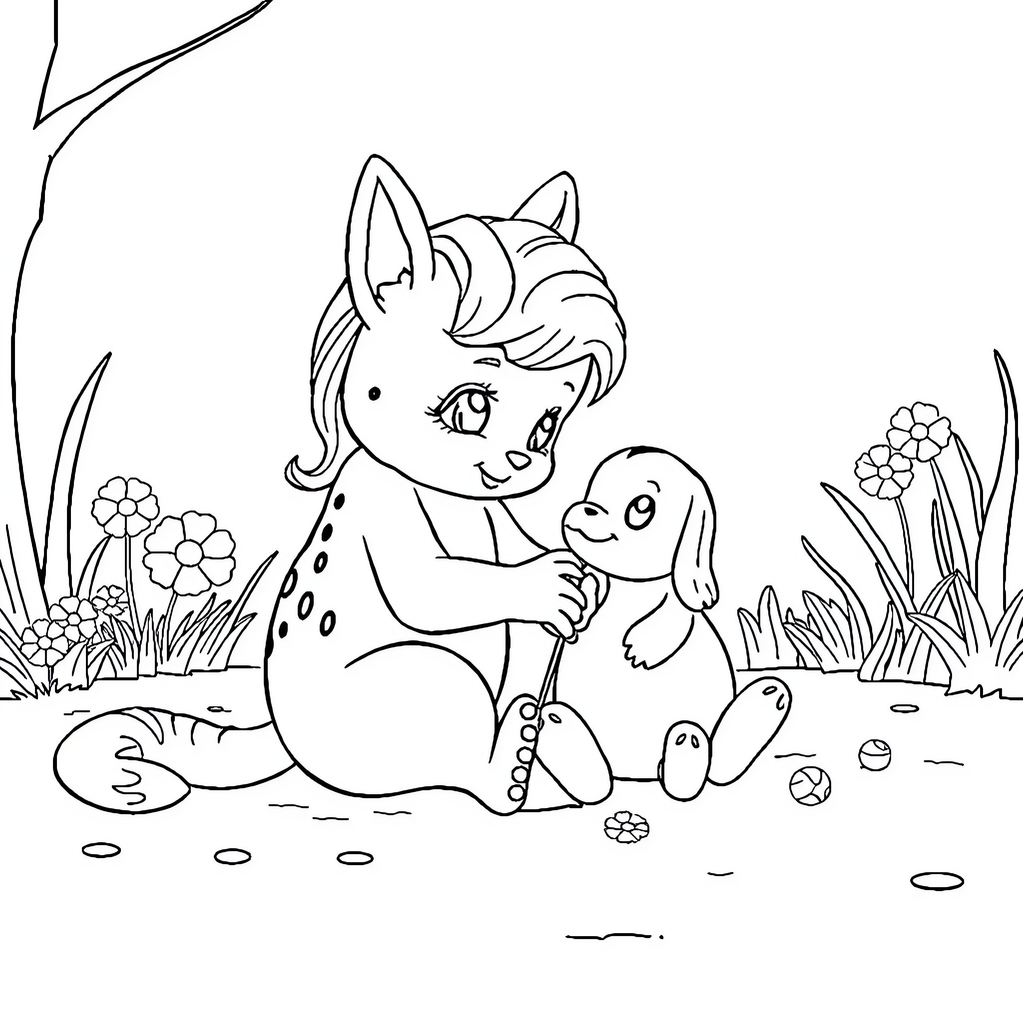 Rapunzel playing happily with animals in the garden Coloring Page (free black-and-white line drawing printable PDF for all, from beginners to advanced learners, including children, teens, adults, and seniors)