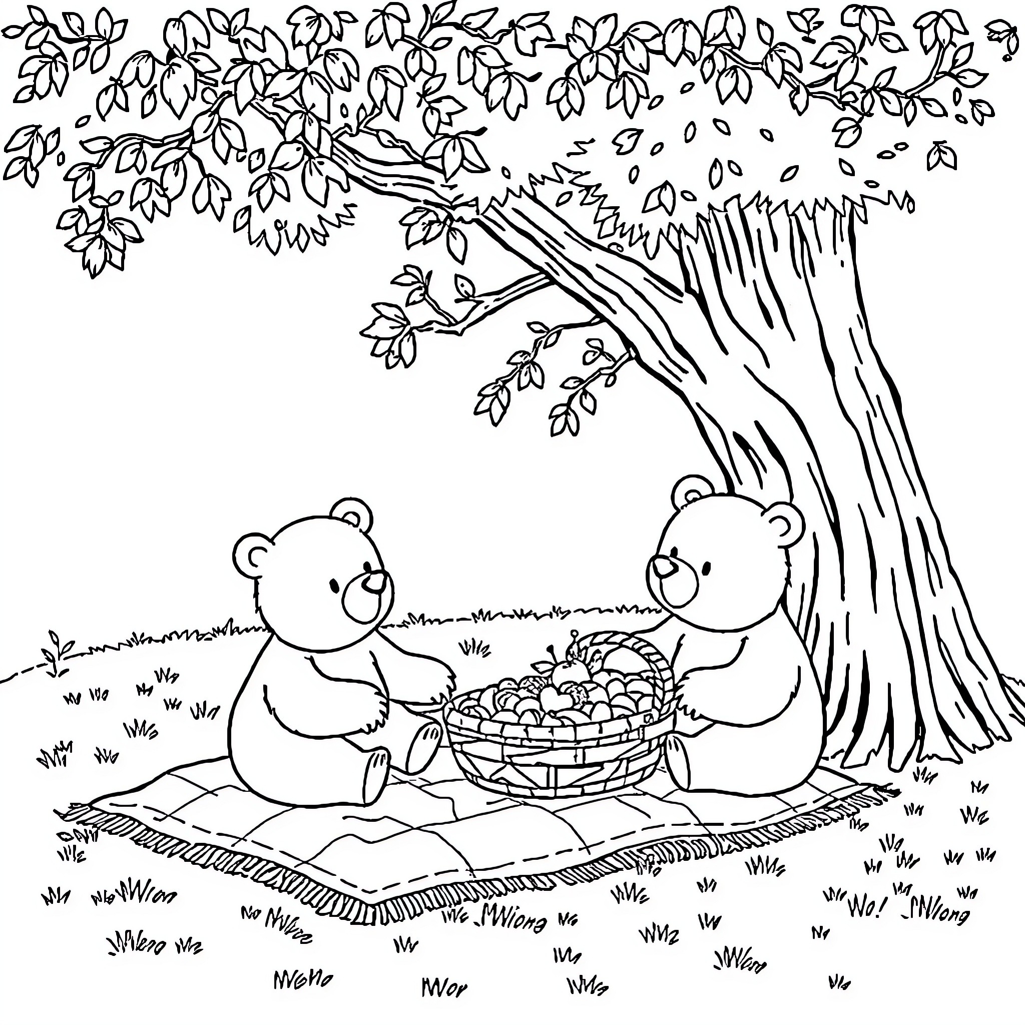 Bear Picnic under the Blossoming Tree Coloring Page (free black-and-white line drawing printable PDF for all, from beginners to advanced learners, including children, teens, adults, and seniors)