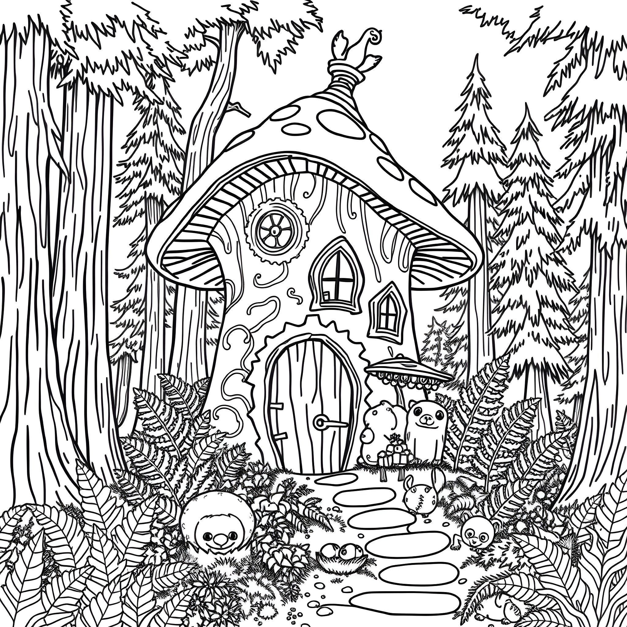 Mushroom Cottage in Enchanted Forest Coloring Page (free black-and-white line drawing printable PDF for all, from beginners to advanced learners, including children, teens, adults, and seniors)