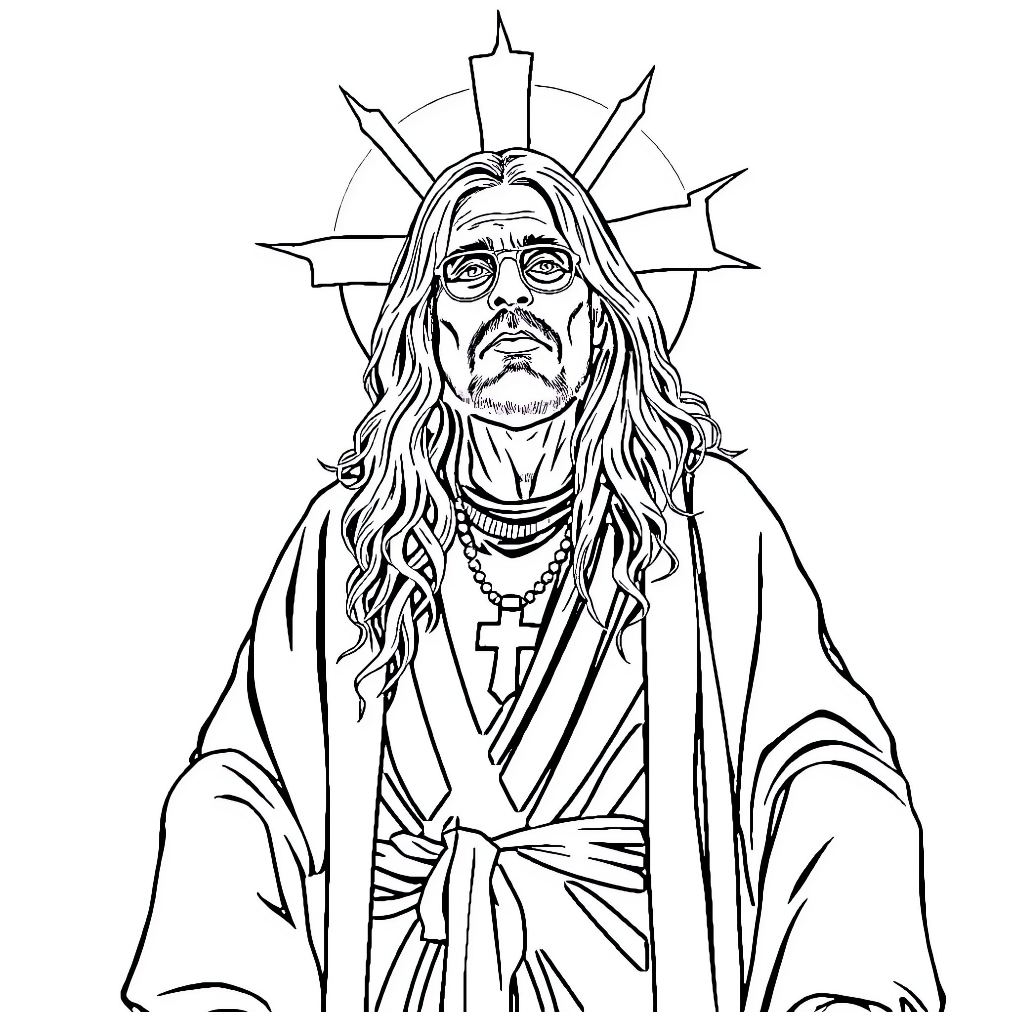 Ozzy Osbourne as a heavenly figure Coloring Page (free black-and-white line drawing printable PDF for all, from beginners to advanced learners, including children, teens, adults, and seniors)