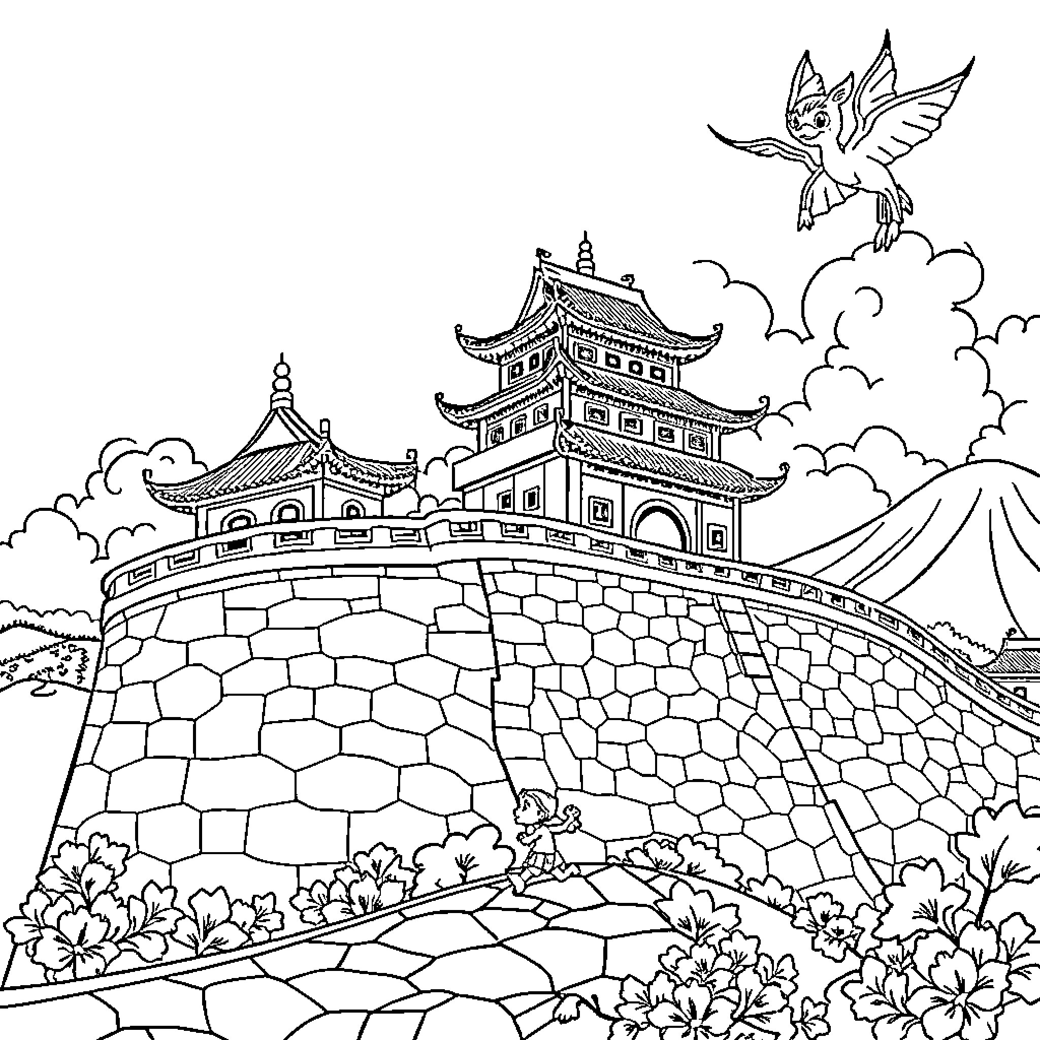 Great Wall with Pagoda Towers and Flying Mythical Creature Coloring Page (free black-and-white line drawing printable PDF for all, from beginners to advanced learners, including children, teens, adults, and seniors)