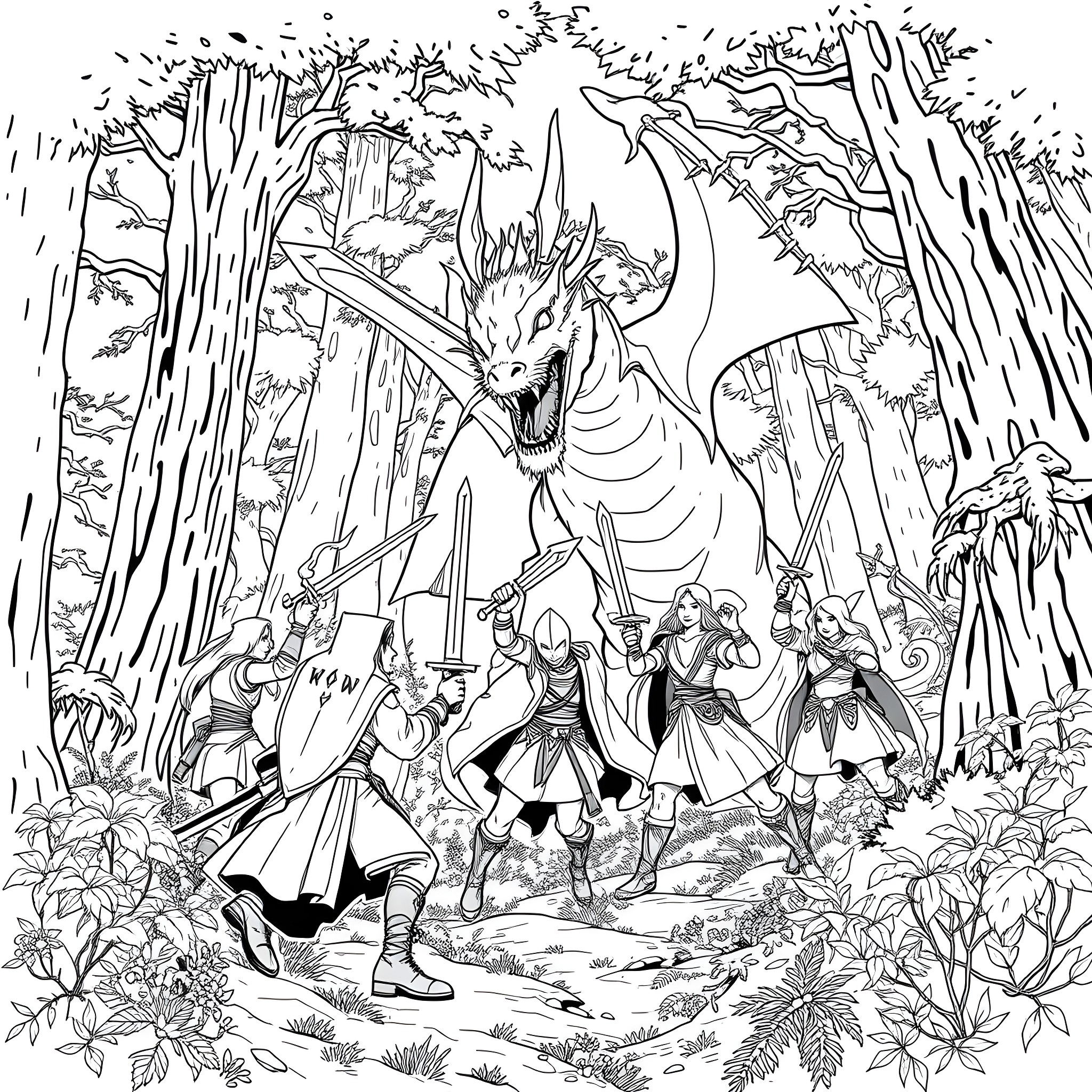 Dragon warriors facing a mighty beast in the enchanted forest Coloring Page (free black-and-white line drawing printable PDF for all, from beginners to advanced learners, including children, teens, adults, and seniors)