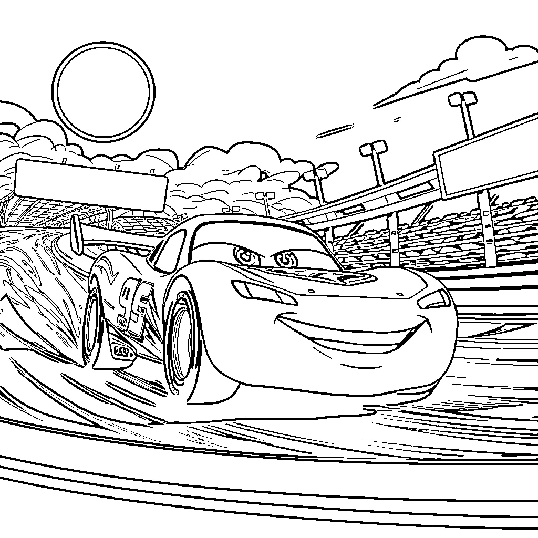 Lightning McQueen racing on the track Coloring Page (free black-and-white line drawing printable PDF for all, from beginners to advanced learners, including children, teens, adults, and seniors)