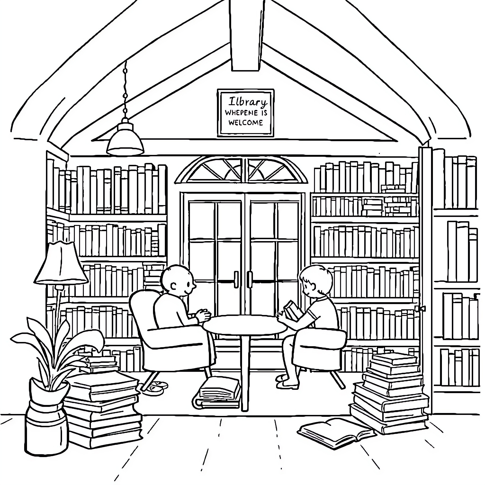 Library Interior with Reading Nook Coloring Page (free black-and-white line drawing printable PDF for all, from beginners to advanced learners, including children, teens, adults, and seniors)