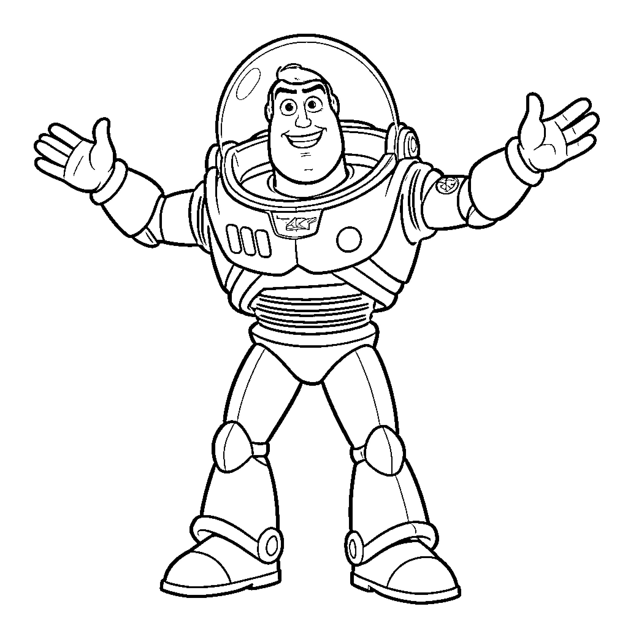 Buzz Lightyear posing heroically with open arms Coloring Page (free black-and-white line drawing printable PDF for all, from beginners to advanced learners, including children, teens, adults, and seniors)
