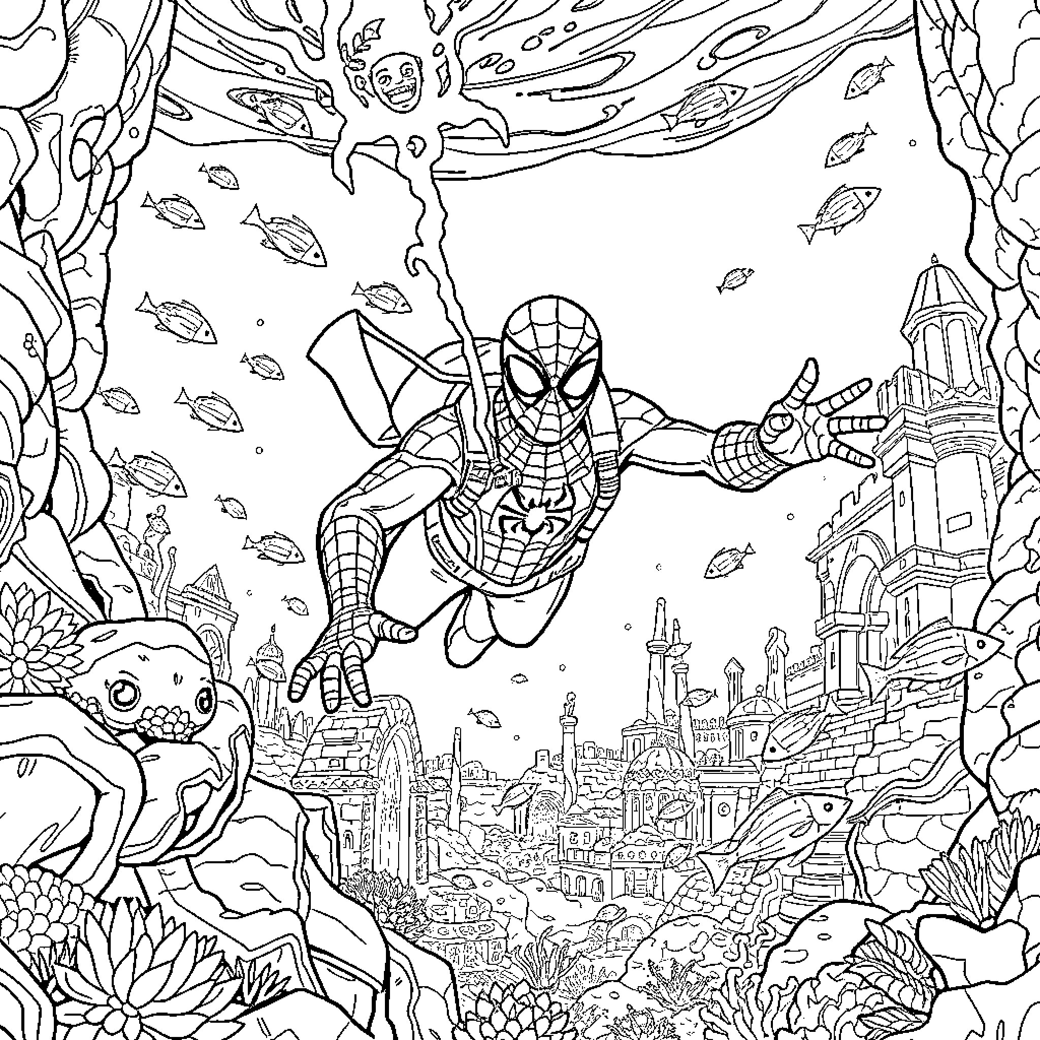 Spiderman swinging through an underwater city landscape Coloring Page (free black-and-white line drawing printable PDF for all, from beginners to advanced learners, including children, teens, adults, and seniors)