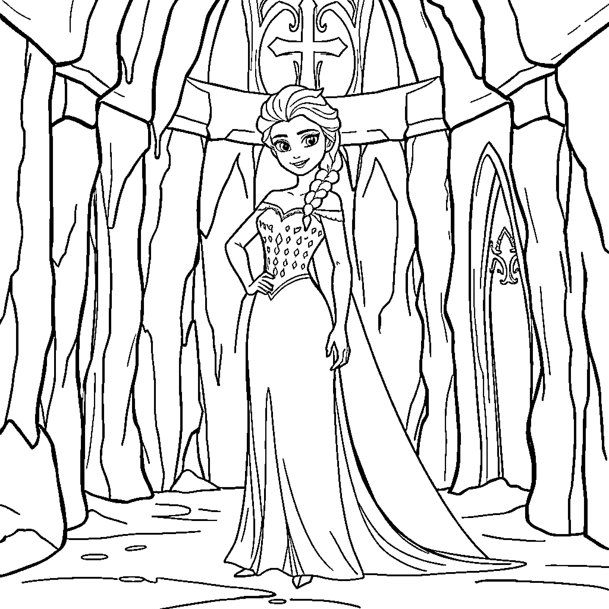 Elsa, the snow queen, in her icy palace Coloring Page (free black-and-white line drawing printable PDF for all, from beginners to advanced learners, including children, teens, adults, and seniors)