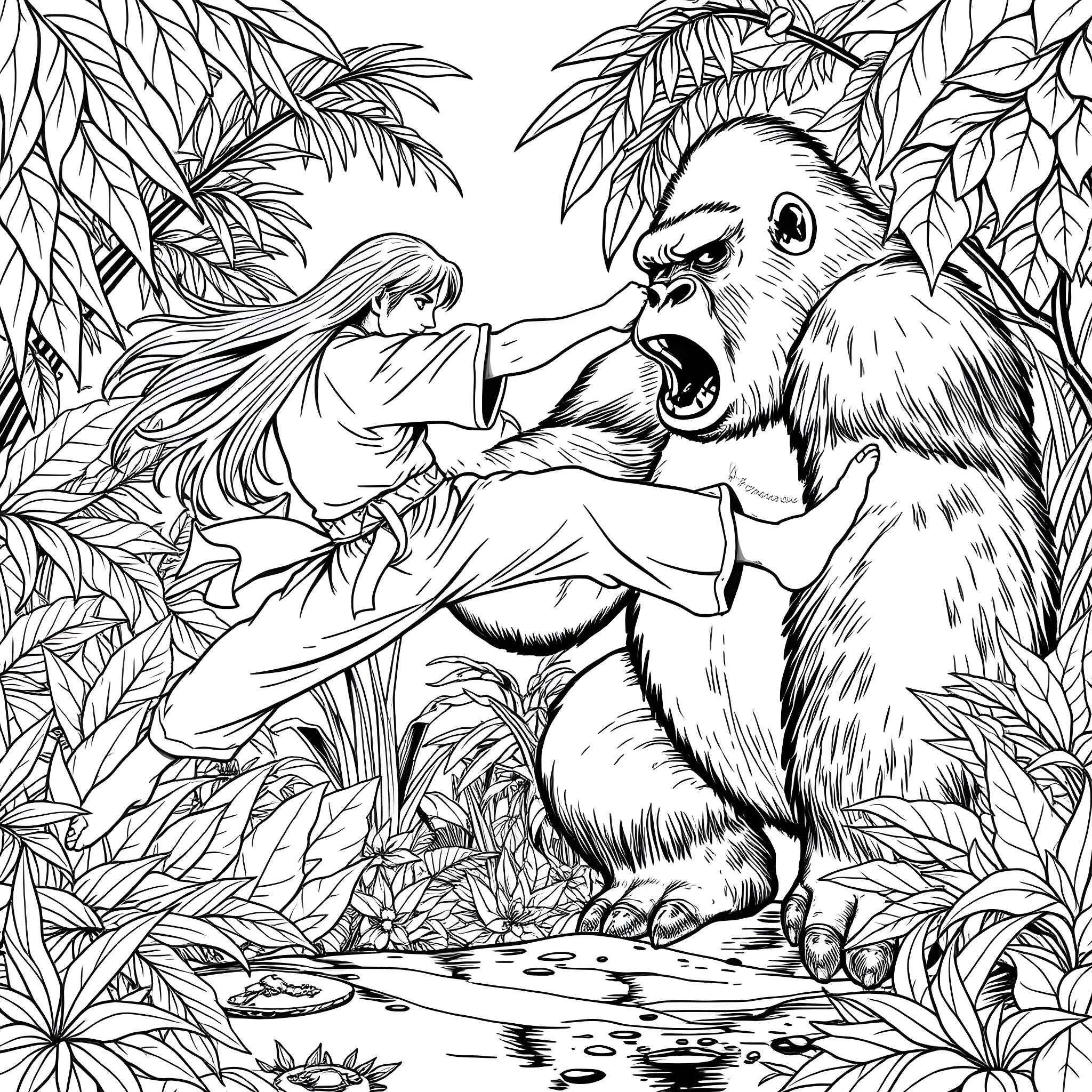 Guy interacting with a large furry creature in a jungle scene Coloring Page (free black-and-white line drawing printable PDF for all, from beginners to advanced learners, including children, teens, adults, and seniors)