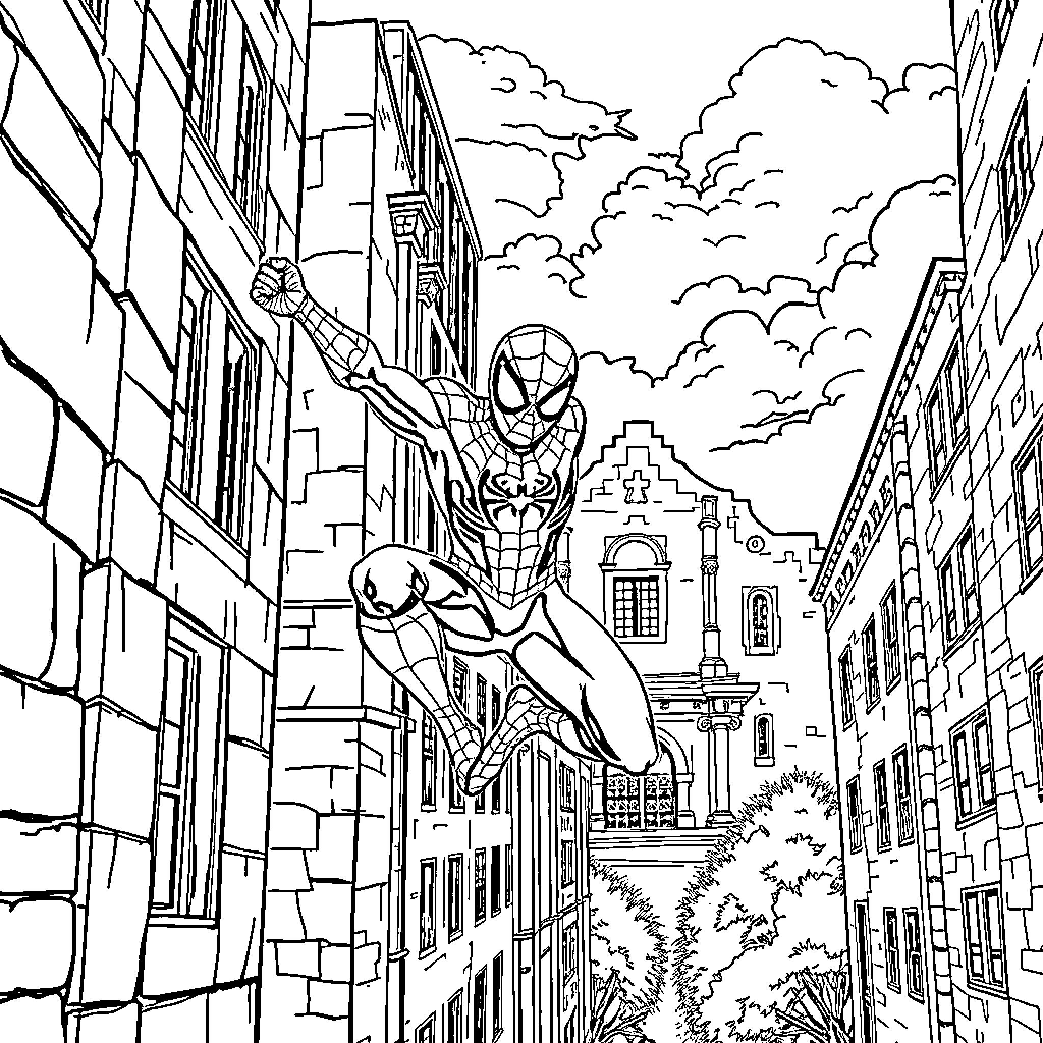 Spiderman soaring through the city streets Coloring Page (free black-and-white line drawing printable PDF for all, from beginners to advanced learners, including children, teens, adults, and seniors)