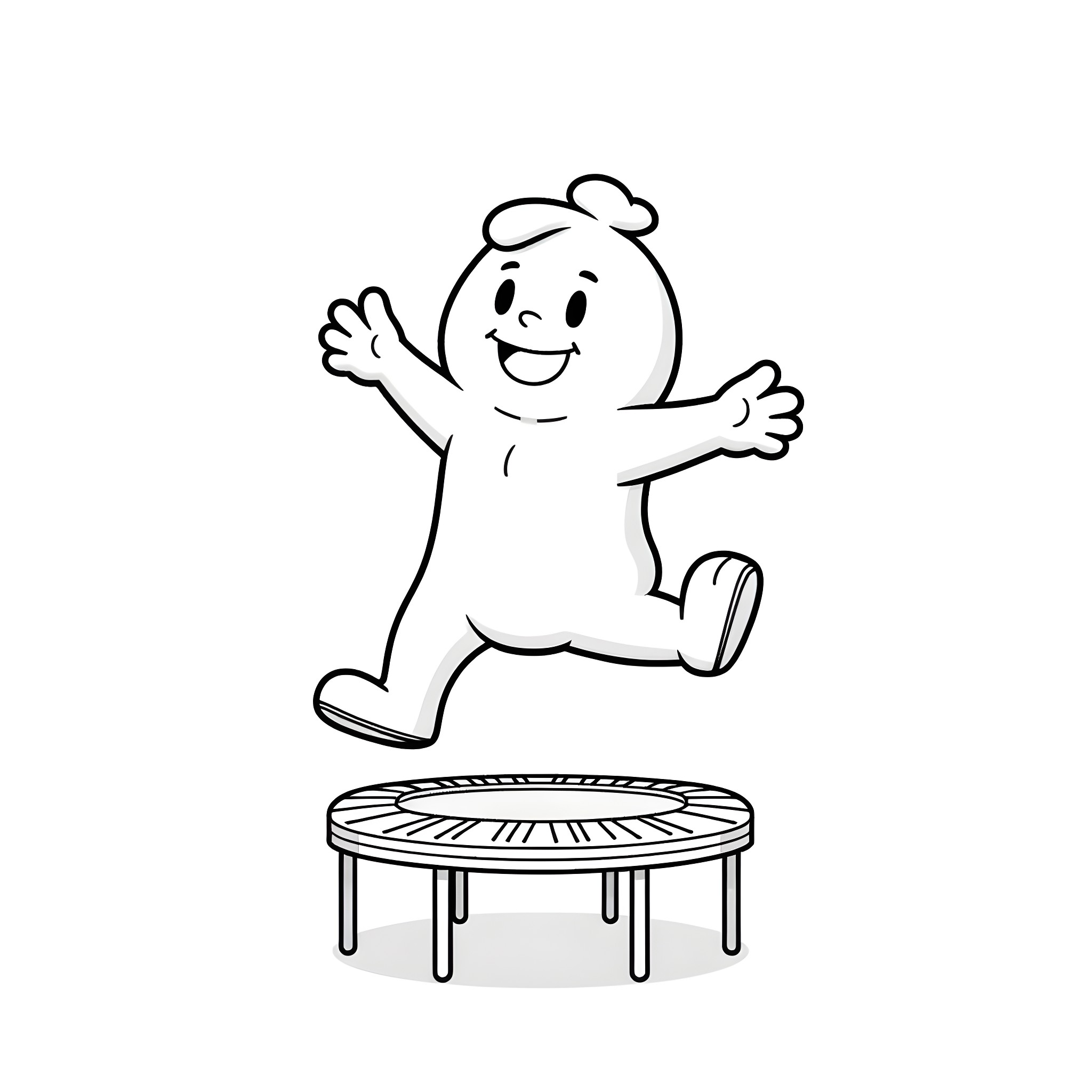 Sans figure happily jumping on trampoline Coloring Page (free black-and-white line drawing printable PDF for all, from beginners to advanced learners, including children, teens, adults, and seniors)