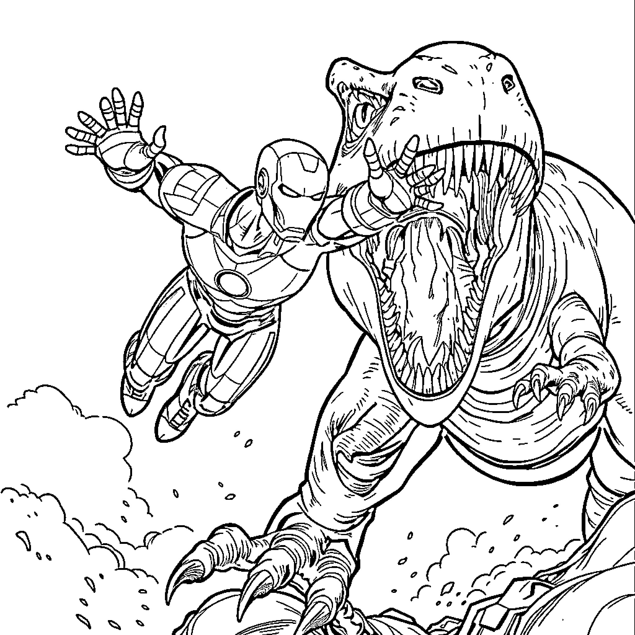 Ironman battling a fierce monstrous creature Coloring Page (free black-and-white line drawing printable PDF for all, from beginners to advanced learners, including children, teens, adults, and seniors)