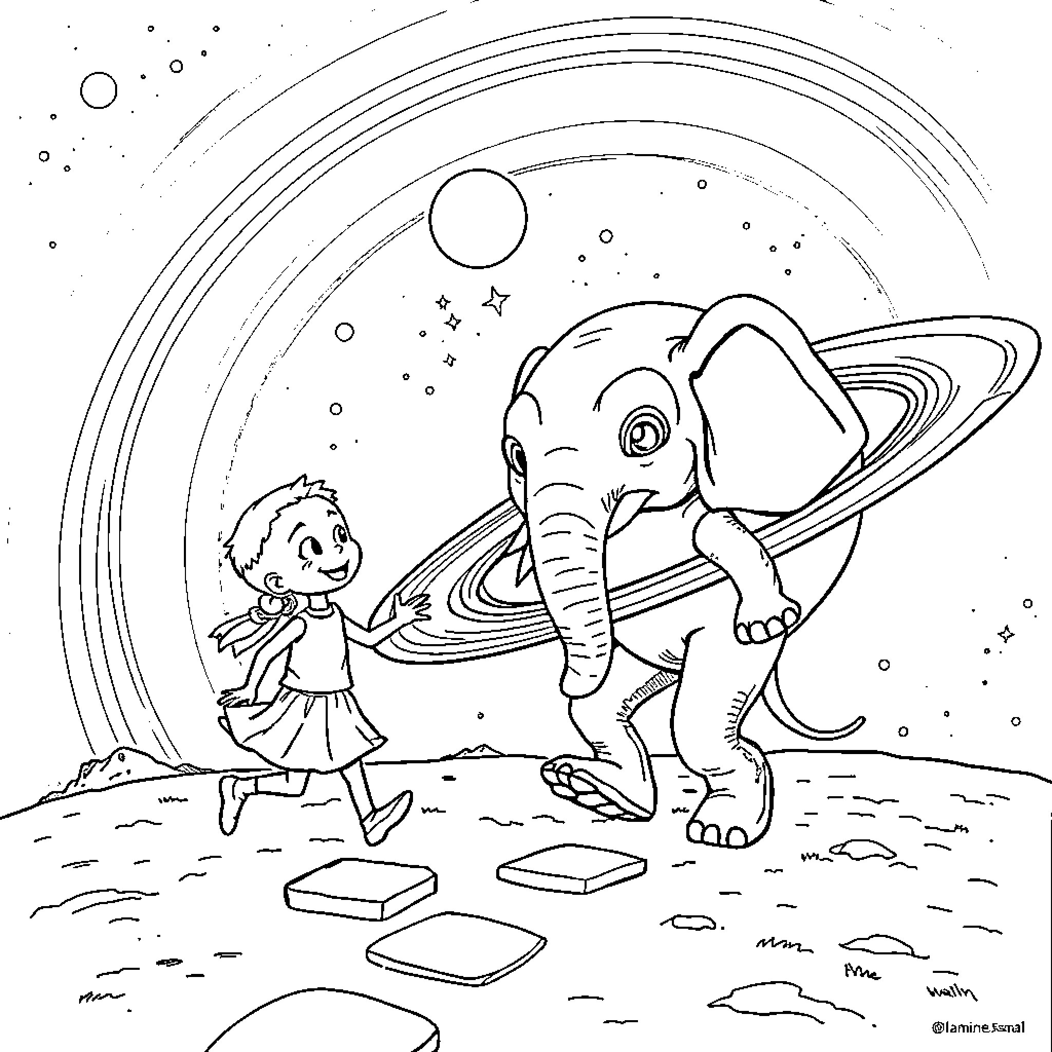 Lamine Yamal explores the cosmos with a friendly elephant Coloring Page (free black-and-white line drawing printable PDF for all, from beginners to advanced learners, including children, teens, adults, and seniors)