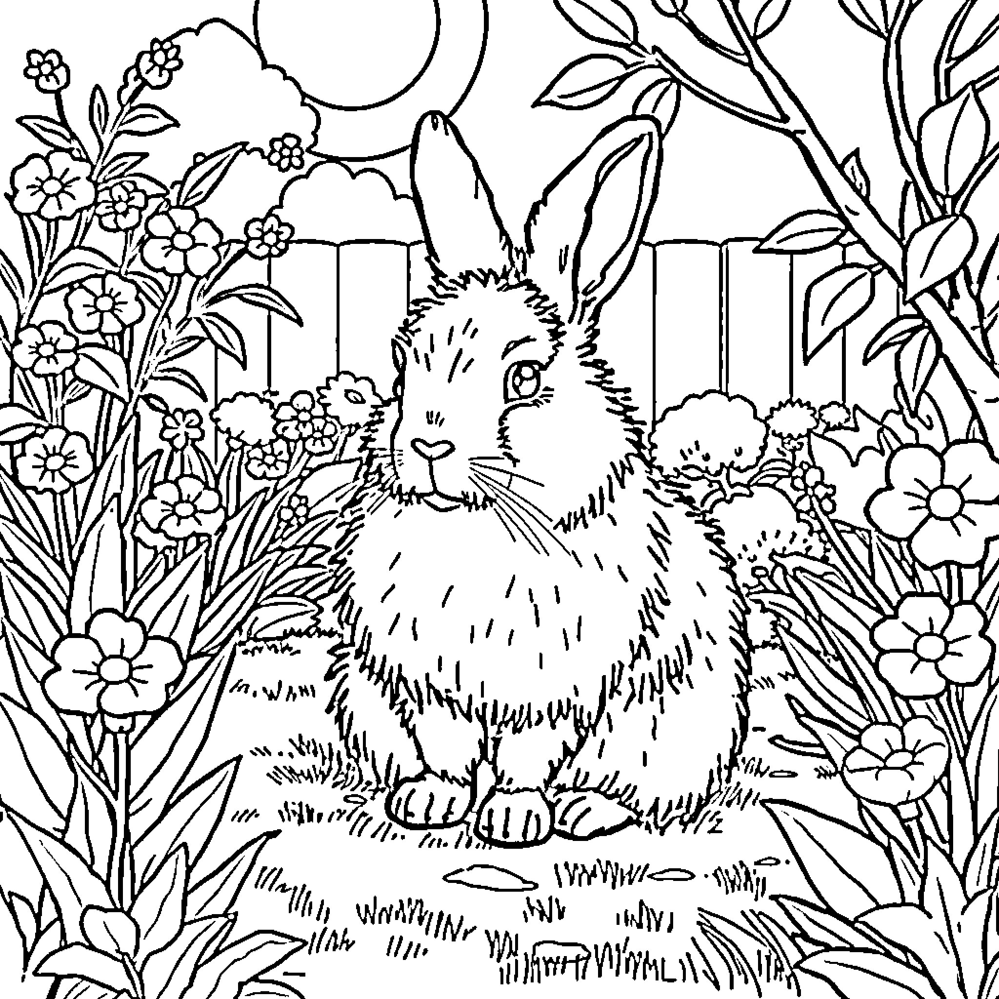 Rabbit in a Lush Garden Oasis Coloring Page (free black-and-white line drawing printable PDF for all, from beginners to advanced learners, including children, teens, adults, and seniors)