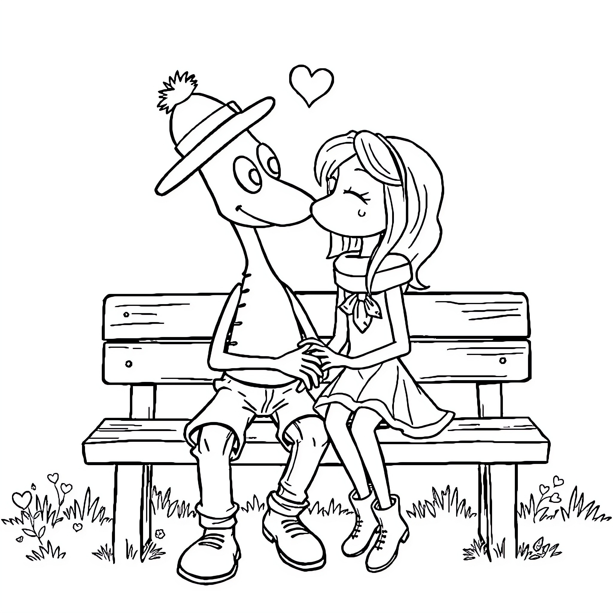 Stick couple sharing a moment on a bench Coloring Page (free black-and-white line drawing printable PDF for all, from beginners to advanced learners, including children, teens, adults, and seniors)