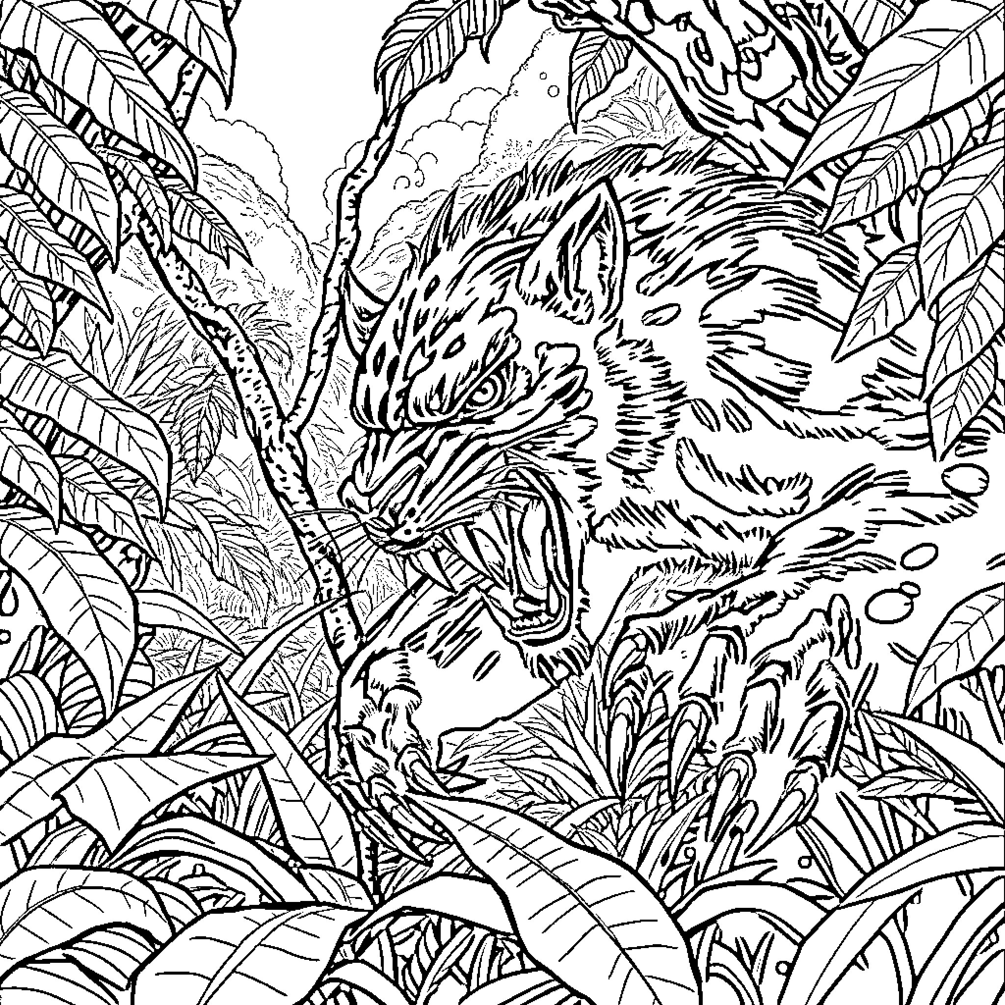Predator stalking its prey in the dense jungle Coloring Page (free black-and-white line drawing printable PDF for all, from beginners to advanced learners, including children, teens, adults, and seniors)