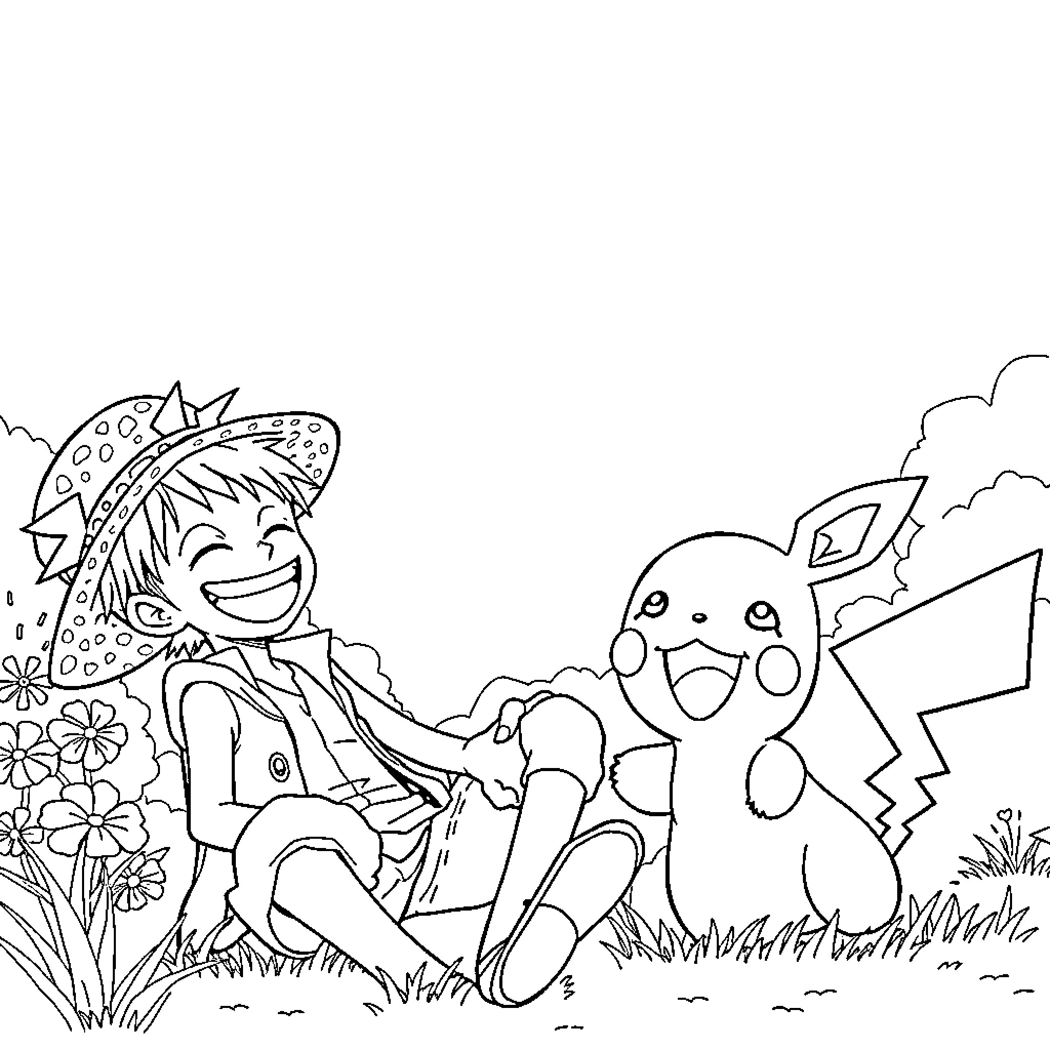 Monkey D Luffy having fun with Pikachu in nature Coloring Page (free black-and-white line drawing printable PDF for all, from beginners to advanced learners, including children, teens, adults, and seniors)