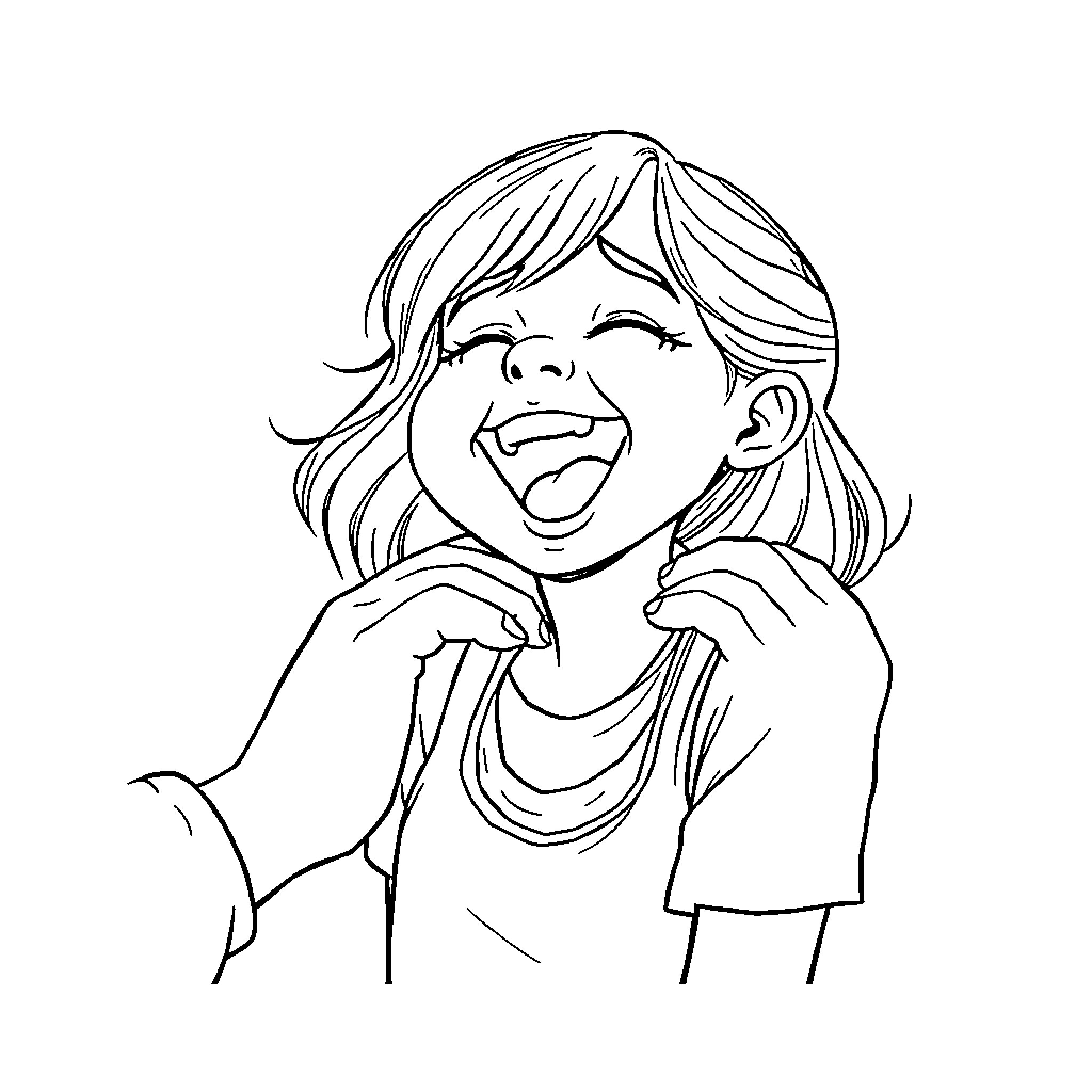 Girl happily expressing herself Coloring Page (free black-and-white line drawing printable PDF for all, from beginners to advanced learners, including children, teens, adults, and seniors)