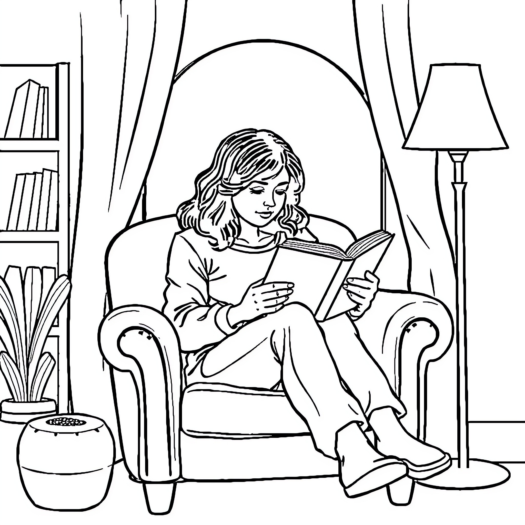 Person reading a book comfortably in armchair Coloring Page (free black-and-white line drawing printable PDF for all, from beginners to advanced learners, including children, teens, adults, and seniors)