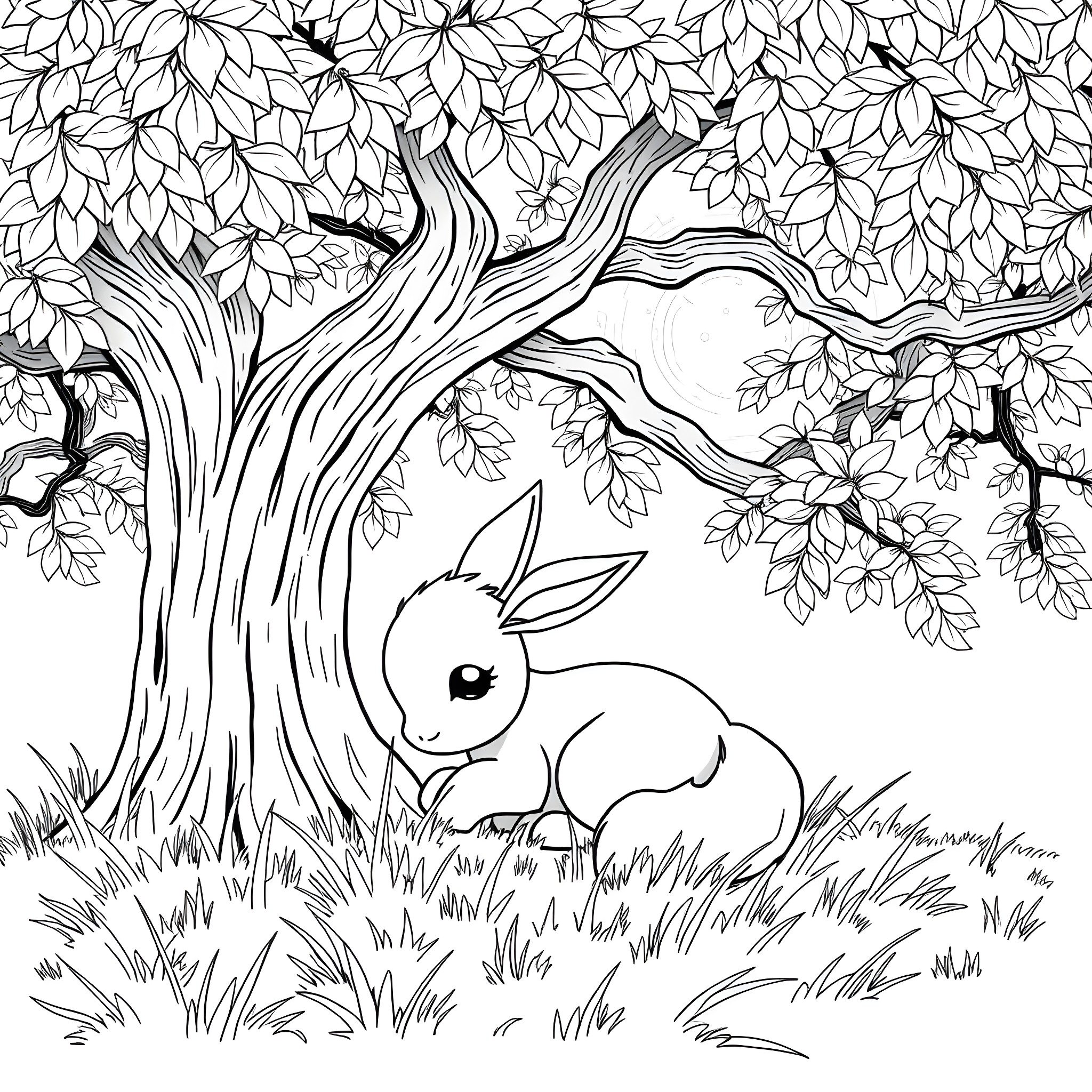 Eevee relaxing under the tree Coloring Page (free black-and-white line drawing printable PDF for all, from beginners to advanced learners, including children, teens, adults, and seniors)