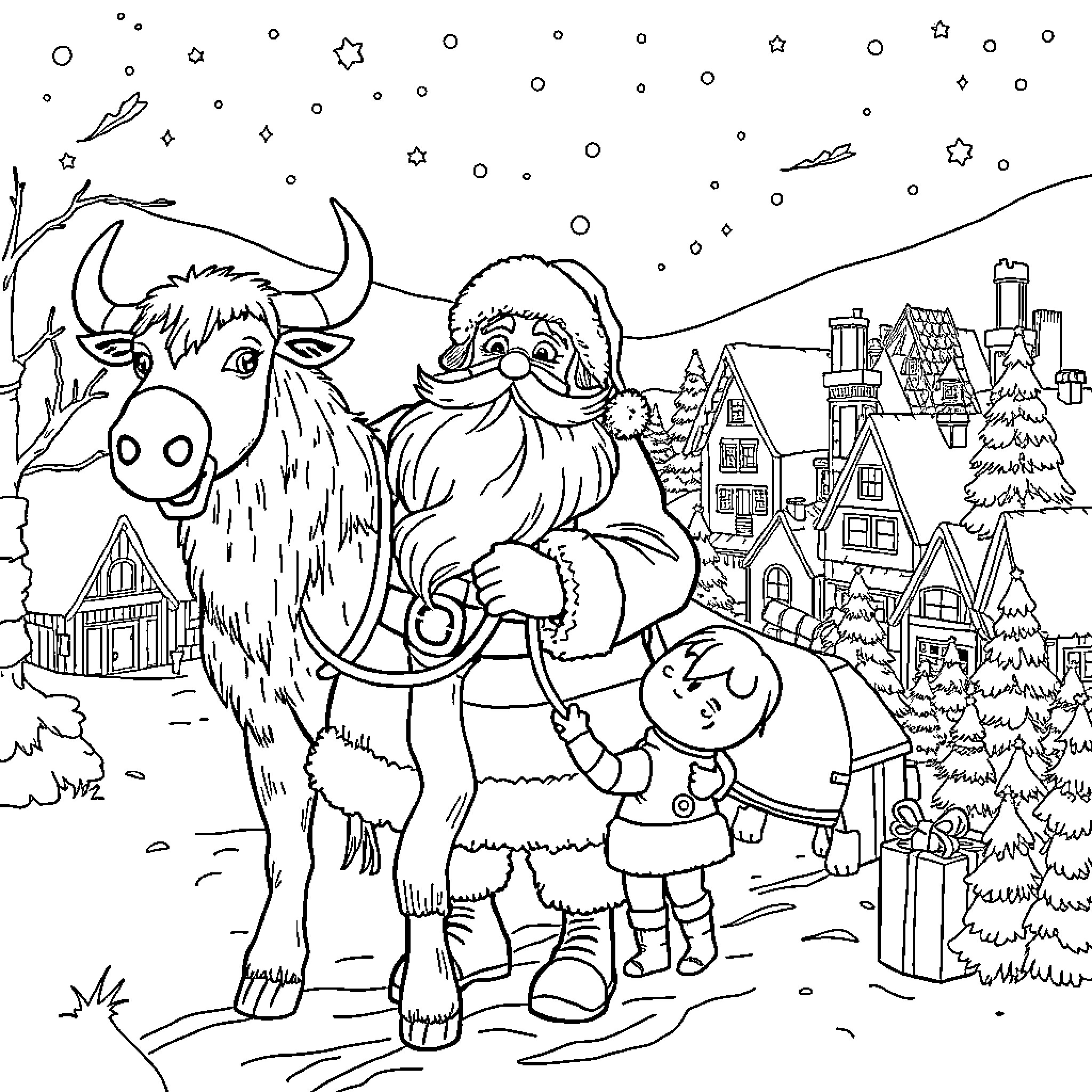 Christmas Santa Claus and reindeer in a snowy village Coloring Page (free black-and-white line drawing printable PDF for all, from beginners to advanced learners, including children, teens, adults, and seniors)