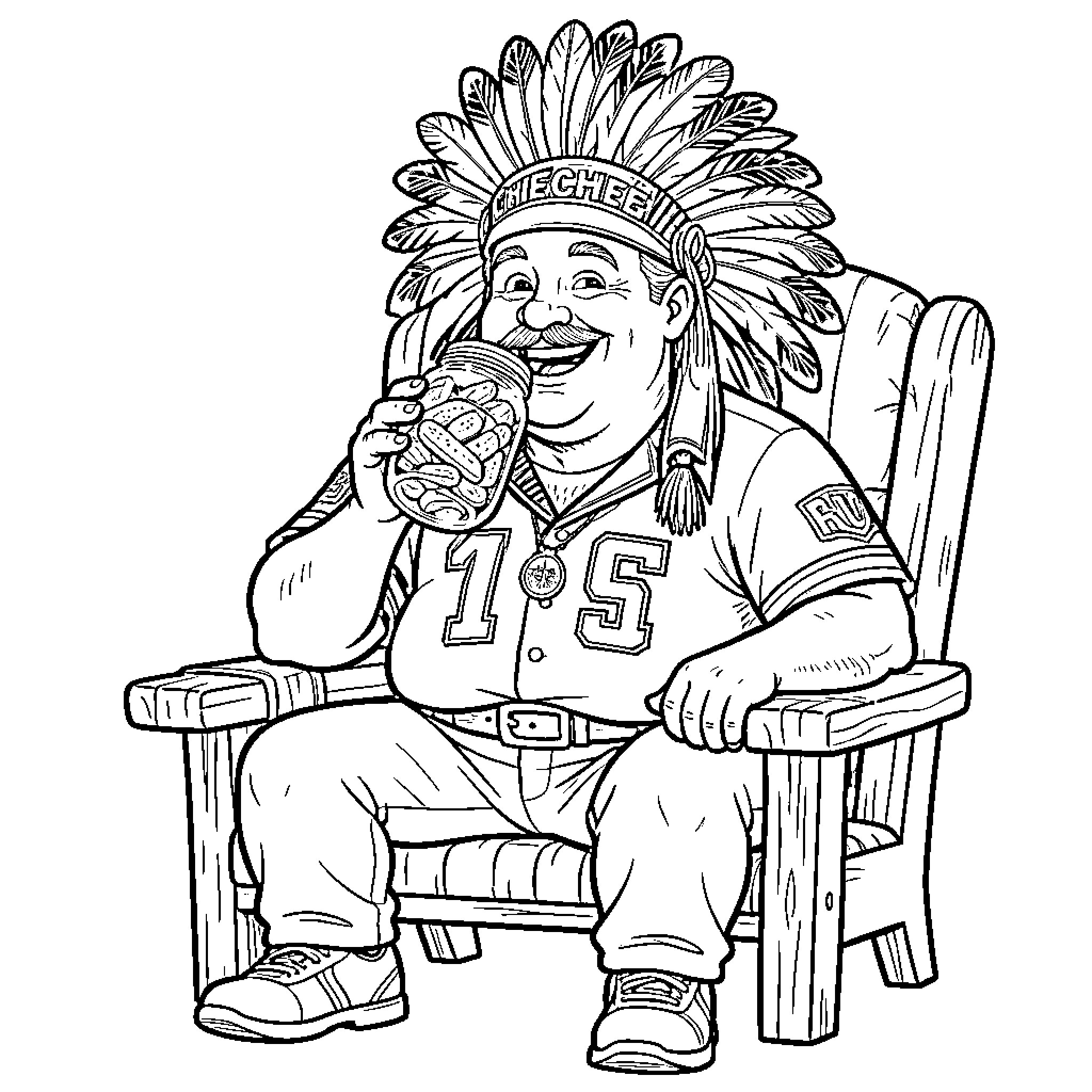 Chiefs Fan wearing headdress and drinking from a jar Coloring Page (free black-and-white line drawing printable PDF for all, from beginners to advanced learners, including children, teens, adults, and seniors)