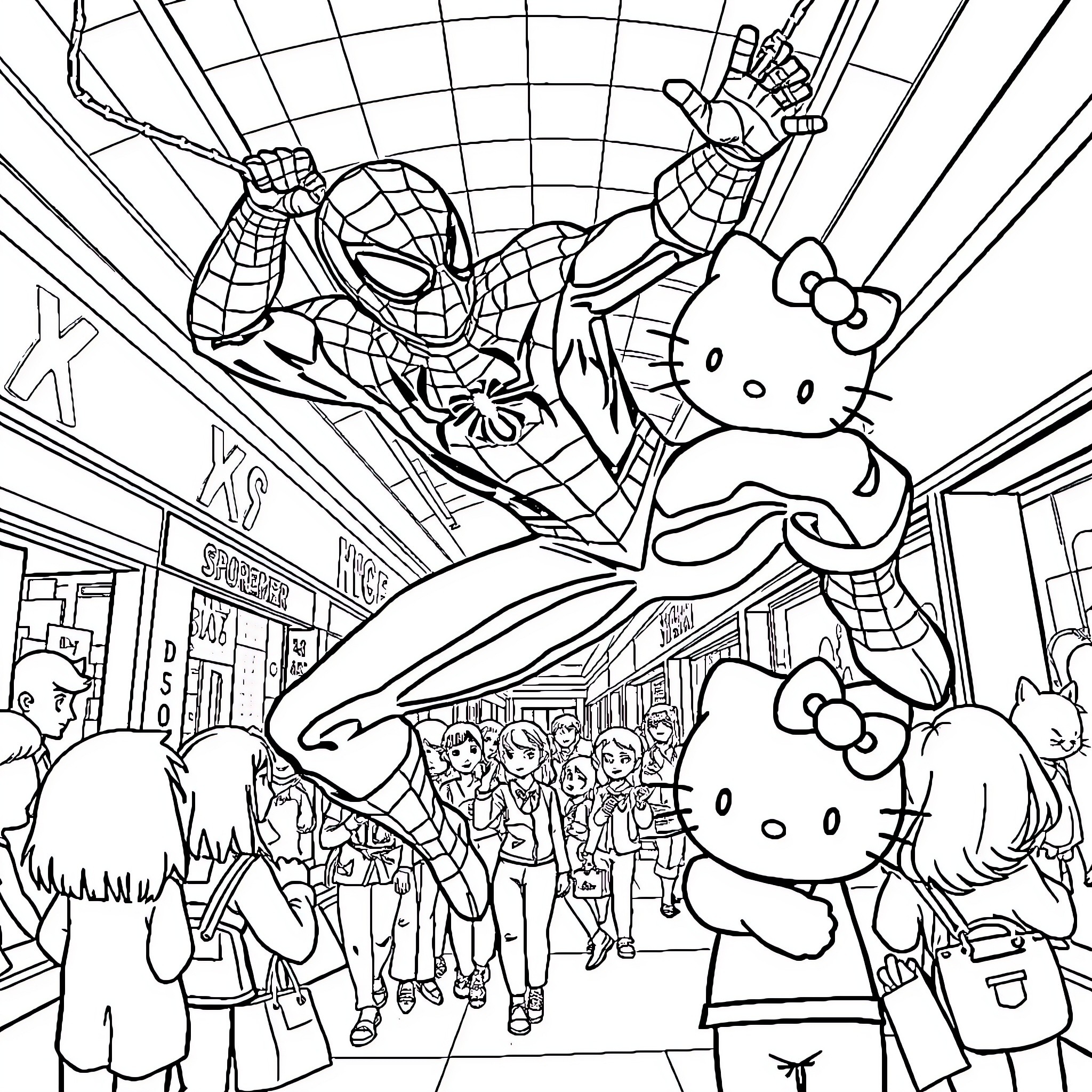 Spider-Man swinging through a city crowded with Hello Kitty characters Coloring Page (free black-and-white line drawing printable PDF for all, from beginners to advanced learners, including children, teens, adults, and seniors)