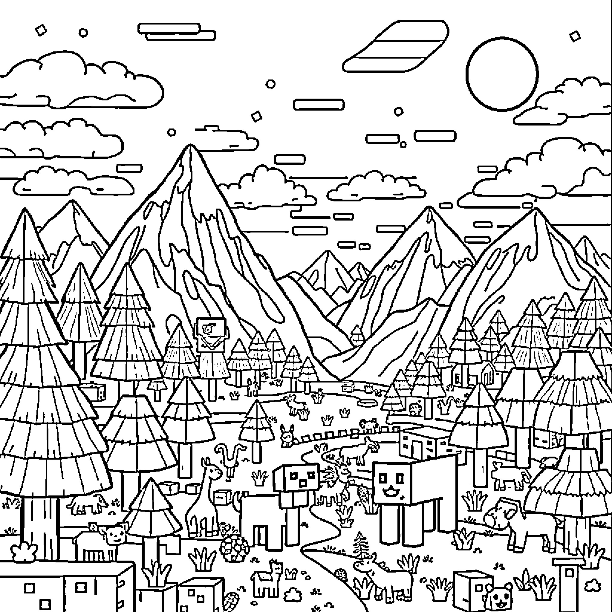 Minecraft Mountainous Landscape with Villagers and Wildlife Coloring Page (free black-and-white line drawing printable PDF for all, from beginners to advanced learners, including children, teens, adults, and seniors)