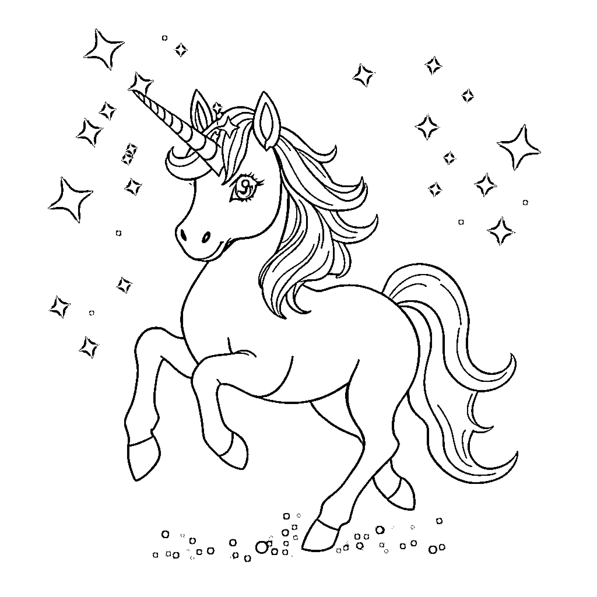 Unicorn prancing among the stars Coloring Page (free black-and-white line drawing printable PDF for all, from beginners to advanced learners, including children, teens, adults, and seniors)